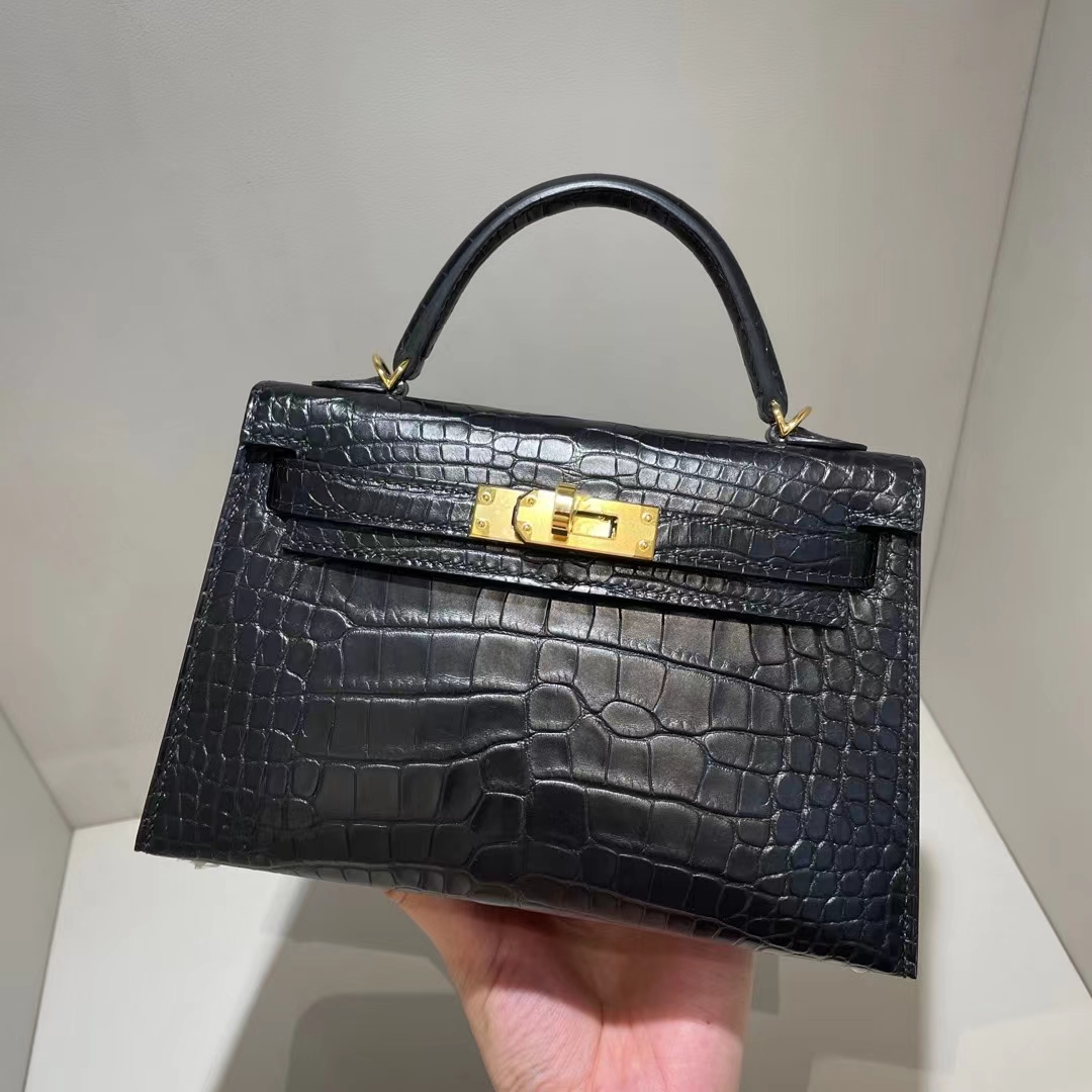 Hermès（爱马仕）Kelly Mini Ⅱ 迷你凯莉 雾面美洲鳄鱼 Ck89 黑色 金扣 19cm