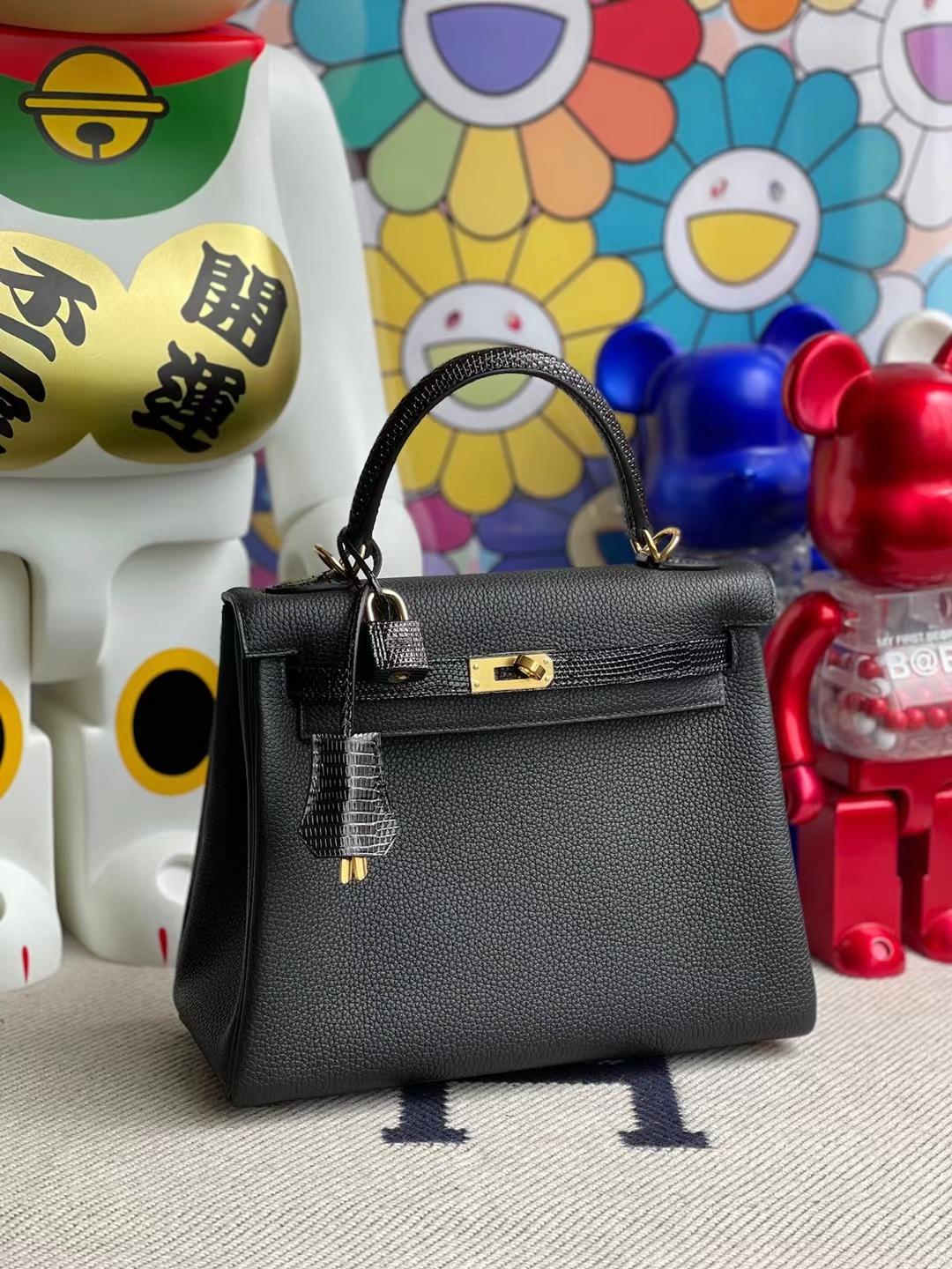 Hermès（爱马仕）Kelly Touch Togo 拼 蜥蜴皮 黑色 金扣 25cm