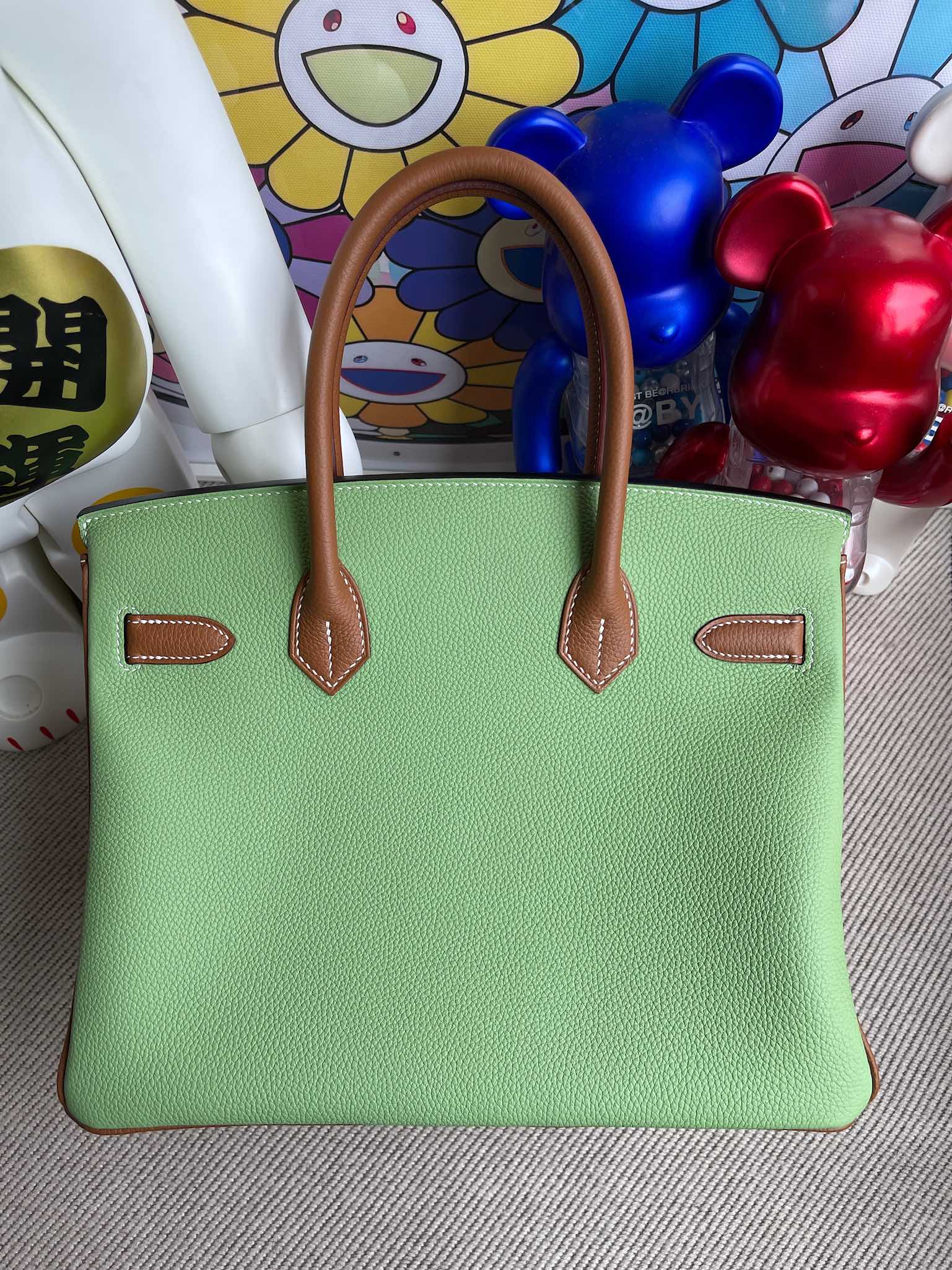 Hermès（爱马仕）Birkin 铂金包 原厂小牛皮Togo 奶昔白 拼 牛油果绿 拼 金棕 银扣 30cm 马蹄印 顶级手缝
