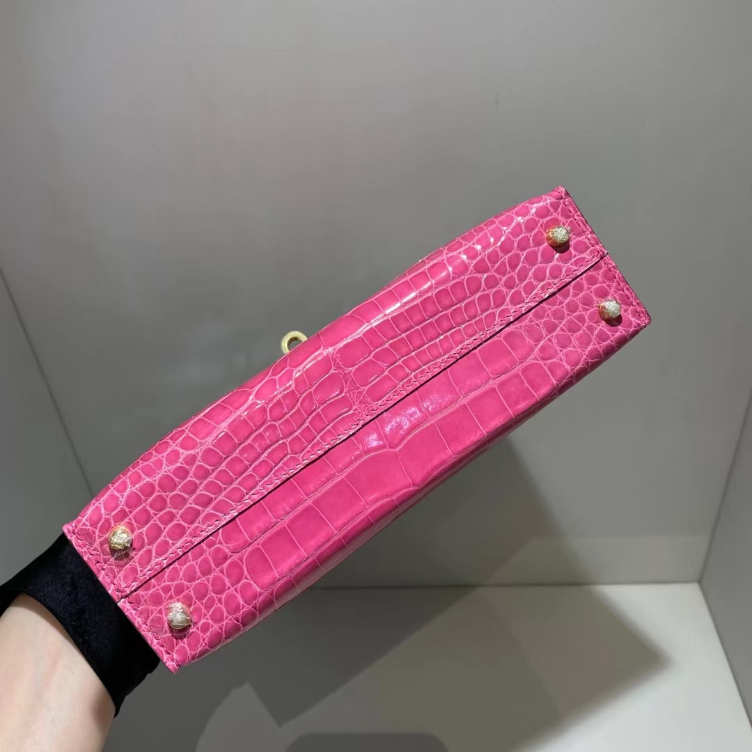 Hermès（爱马仕）Kelly Mini Ⅱ 迷你凯莉 亮面美洲鳄鱼 桃粉色 金扣 19cm Shiny Alligator Crocodile