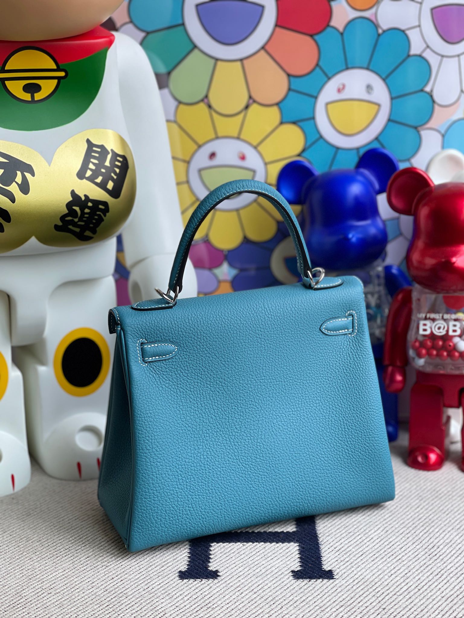 Hermès（爱马仕）Kelly 凯莉包 原厂小牛皮 togo ck75 牛仔蓝 银扣 25cm 顶级手缝