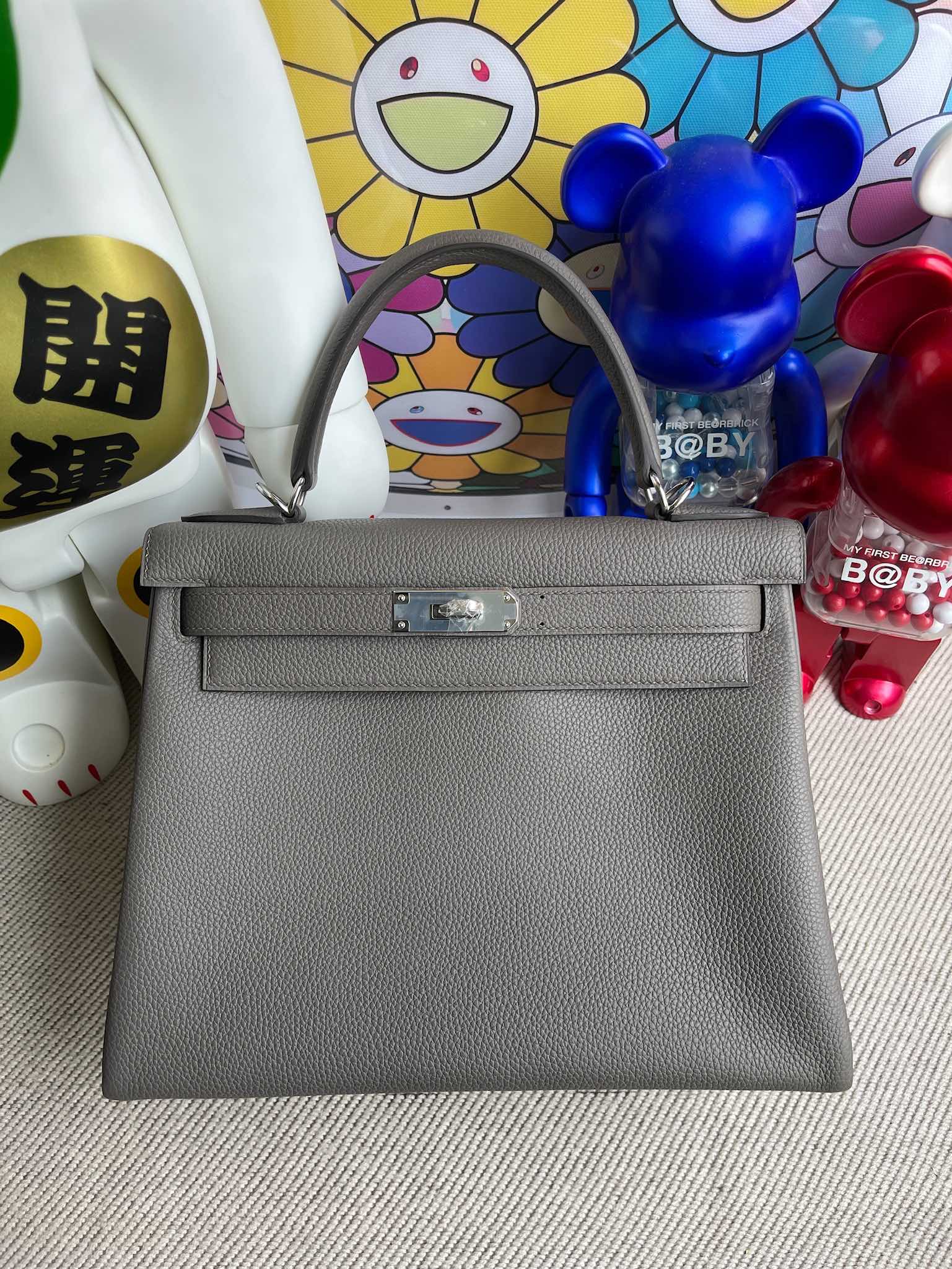 Hermès（爱马仕）Kelly 凯莉包 原厂小牛皮 togo 8F 锡器灰 etain 银扣 28cm 顶级手缝