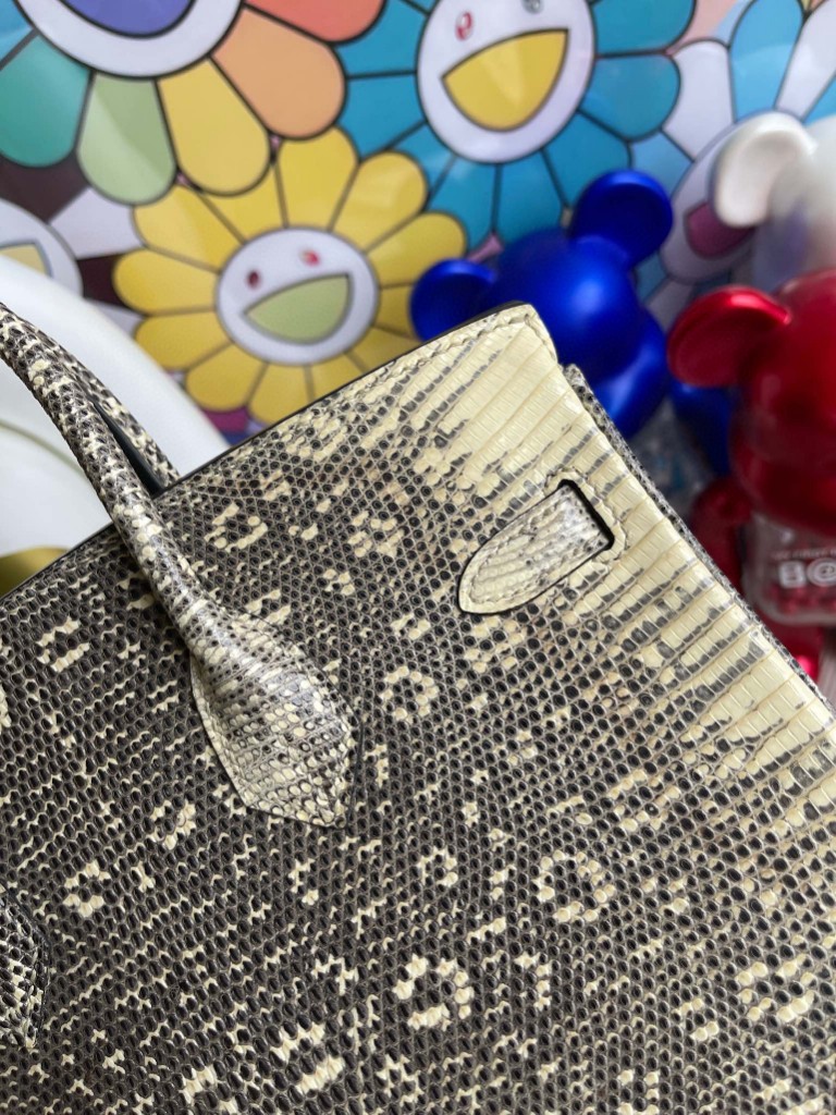 Hermès（爱马仕）Birkin 铂金包 Lizard 进口亮面蜥蜴 原色 小喜马拉雅色 银扣 25cm 顶级手缝