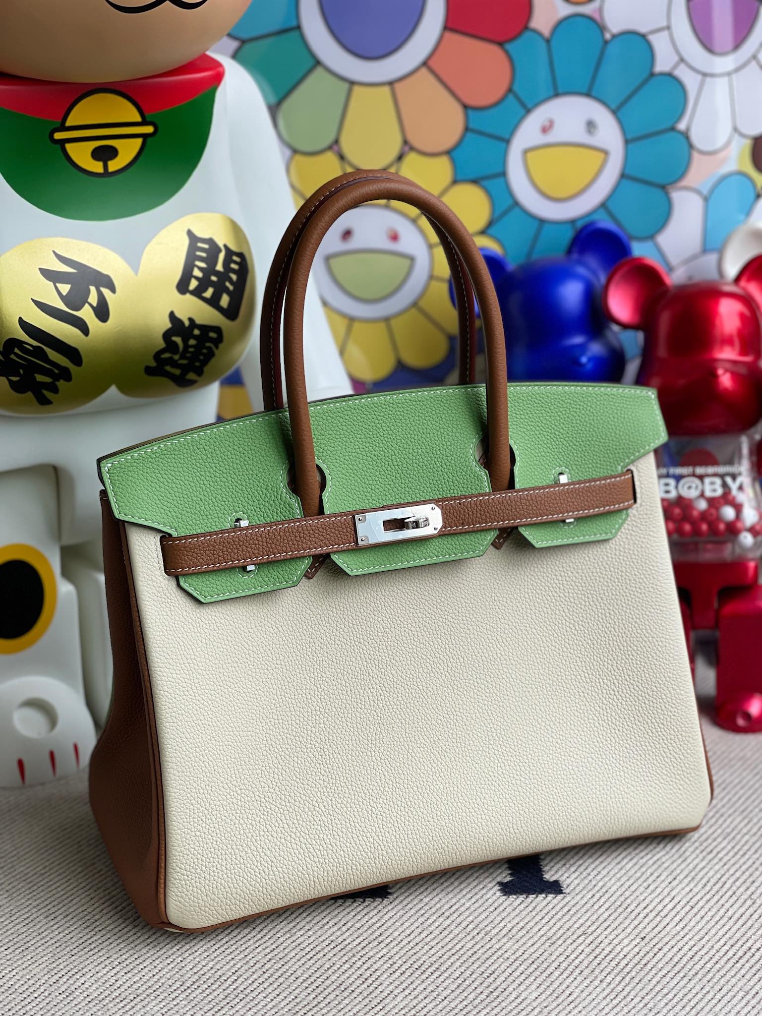 Hermès（爱马仕）Birkin 铂金包 原厂小牛皮Togo 奶昔白 拼 牛油果绿 拼 金棕 银扣 30cm 马蹄印 顶级手缝