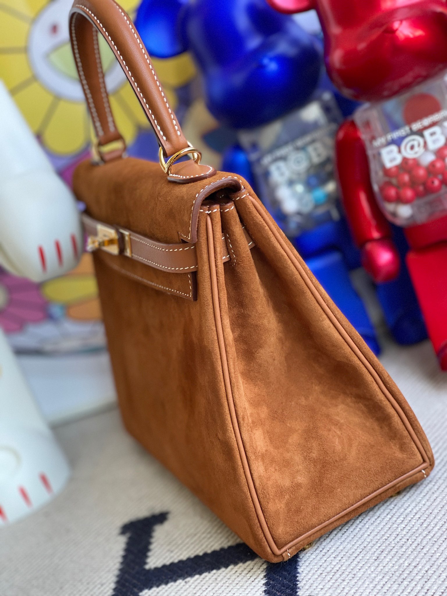 Hermès（爱马仕）Kelly 凯莉包 麂皮 拼 swift 金棕色 金扣 25cm 顶级手缝