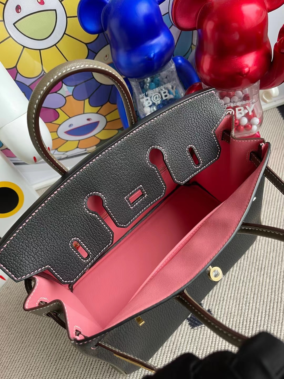 Hermès（爱马仕）Birkin 铂金包 Hss Chevre Ck89 黑色 拼 Ck18 大象灰 内拼 1Q 奶昔粉 磨砂金扣 25cm
