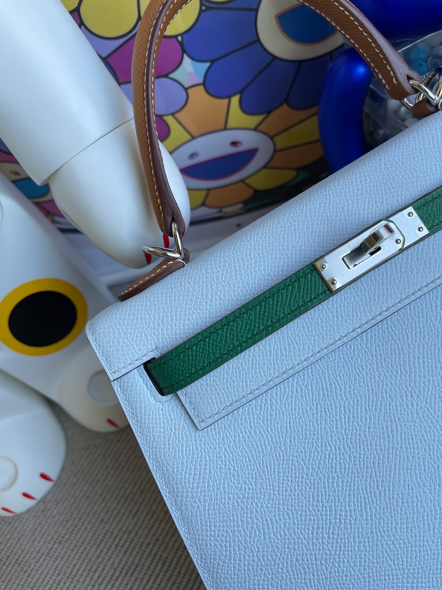 Hermès（爱马仕）Kelly 凯莉包 Epsom 原厂掌纹皮 雾蓝色 拼 丝绒绿 拼 金棕 银扣 25cm 马蹄印 顶级手缝