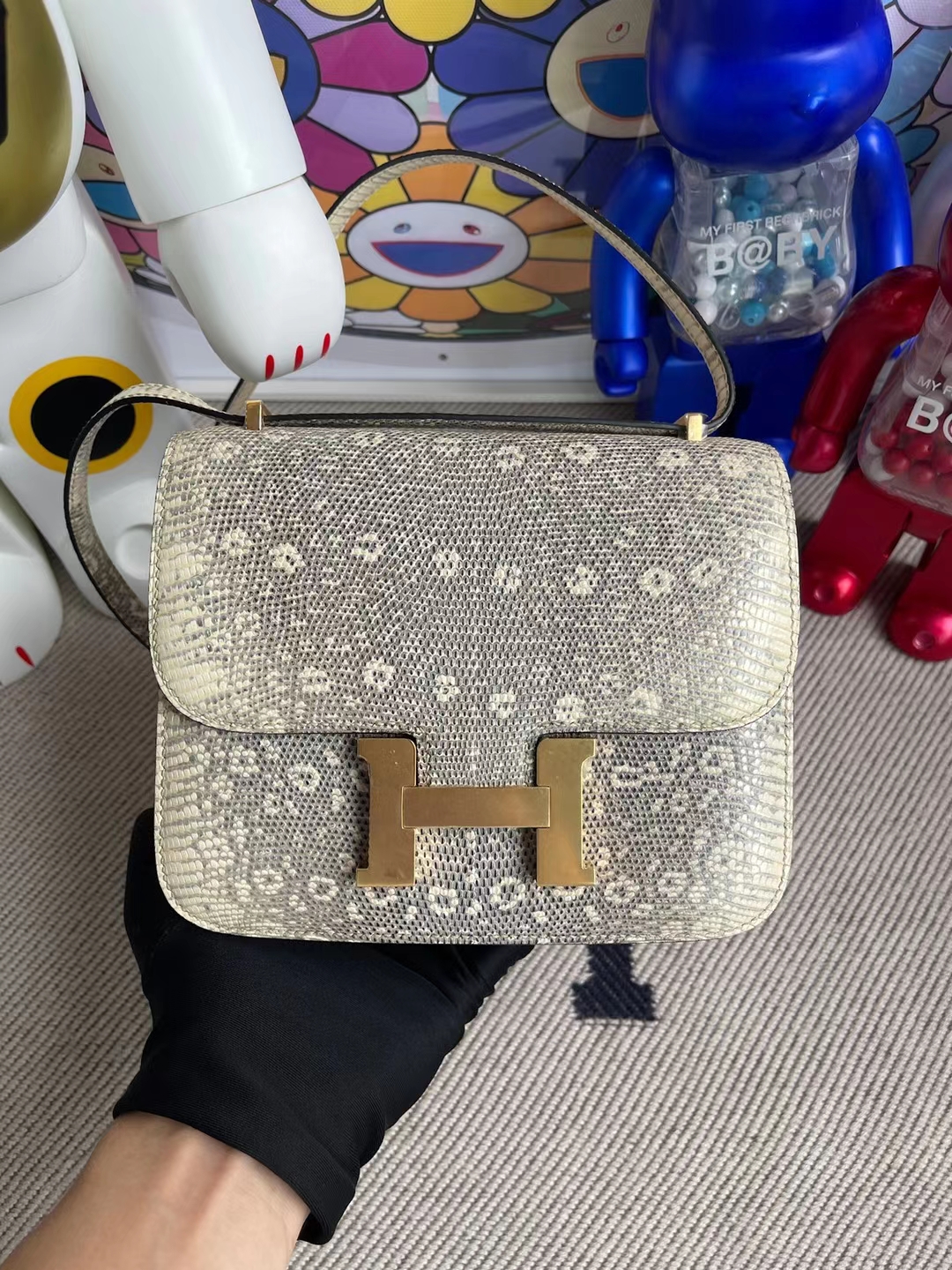 Hermès（爱马仕）Constance 空姐包 Lizard 进口蜥蜴皮 01 自然色蜥蜴 金扣 19cm 全手工缝制