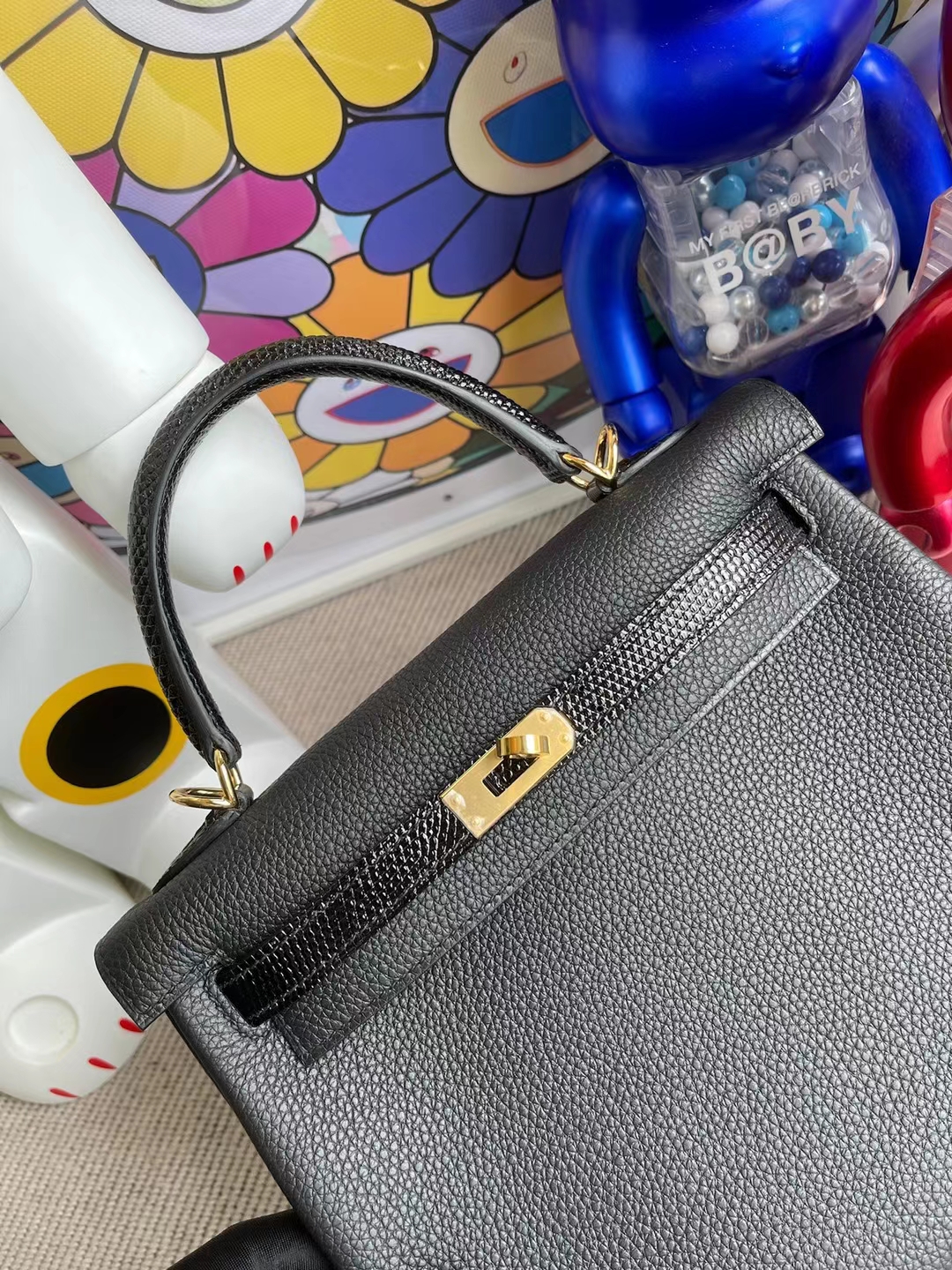 Hermès（爱马仕）Kelly Touch Togo 拼 蜥蜴皮 黑色 金扣 25cm
