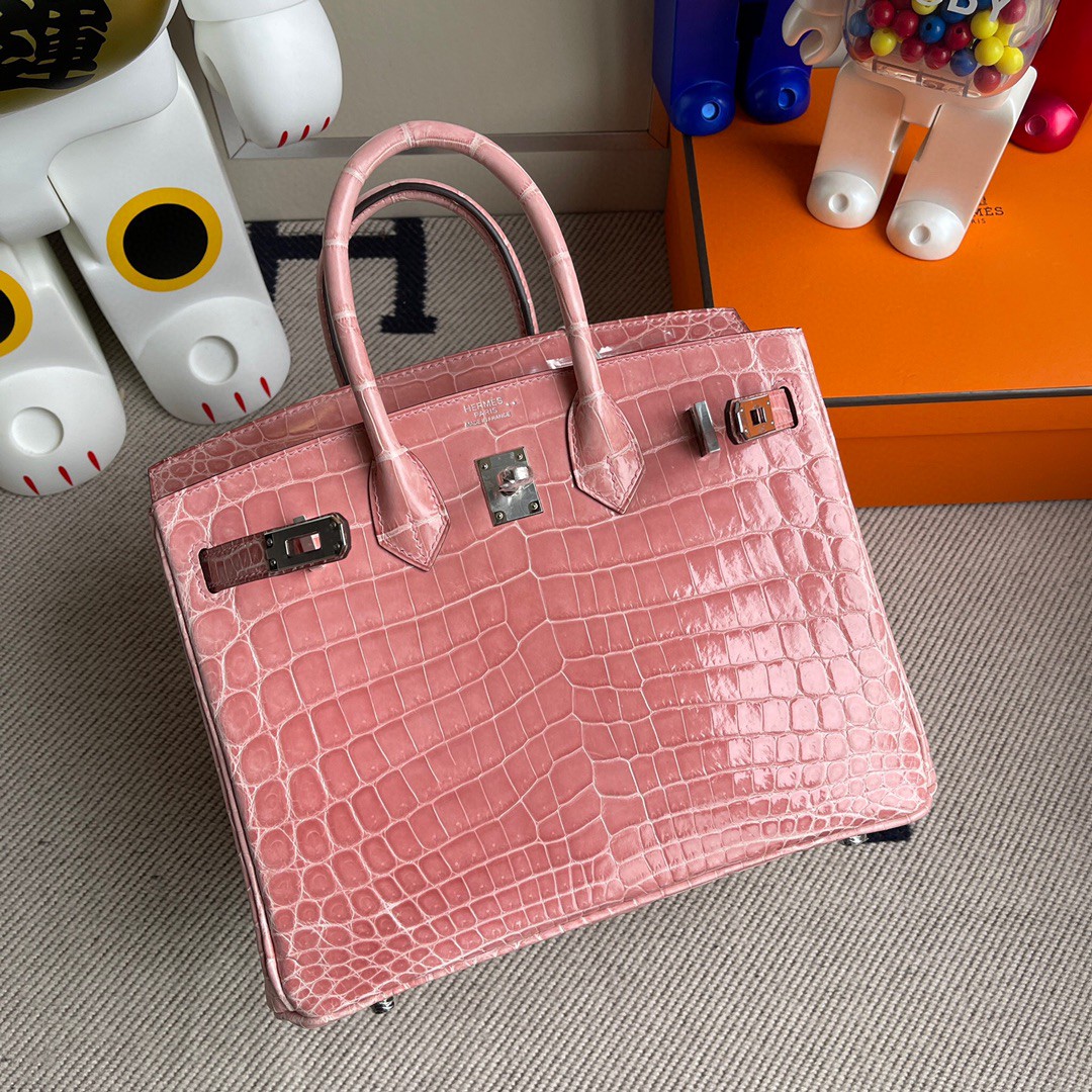Hermès（爱马仕）Birkin 铂金包 Crocodile shiny 亮面鳄鱼 1Ｑ奶昔粉 rose confetti 银扣 25cm