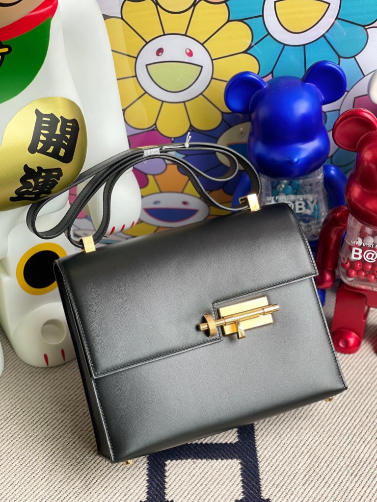 Hermès（爱马仕）Verrou 机枪包 Box calf ck89 黑色 Noir 金扣 21cm 顶级手缝 定制