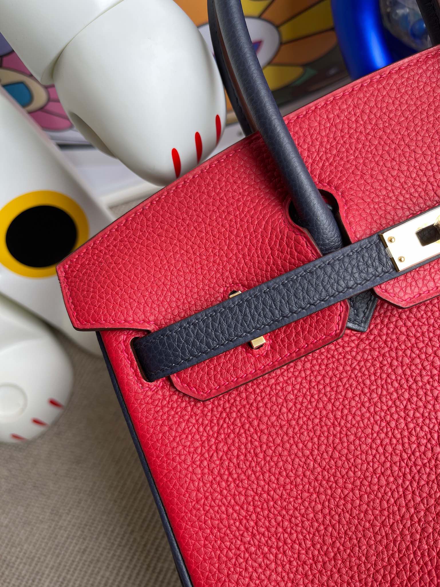 Hermès（爱马仕）Birkin 铂金包 原厂小牛皮Togo Q5 国旗红 拼 午夜蓝 金扣 马蹄银 25cm 顶级手缝