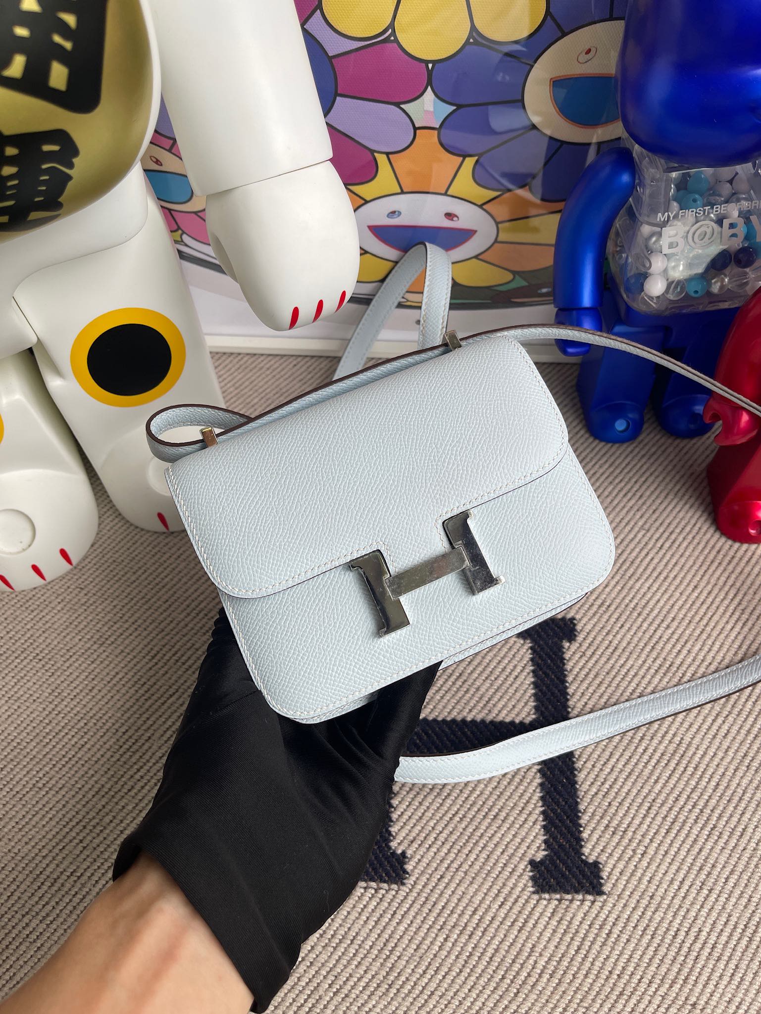 Hermès（爱马仕）Constance 空姐包 Epsom 原厂掌纹皮 T0 雾蓝色 银扣 14cm 顶级手缝 定制