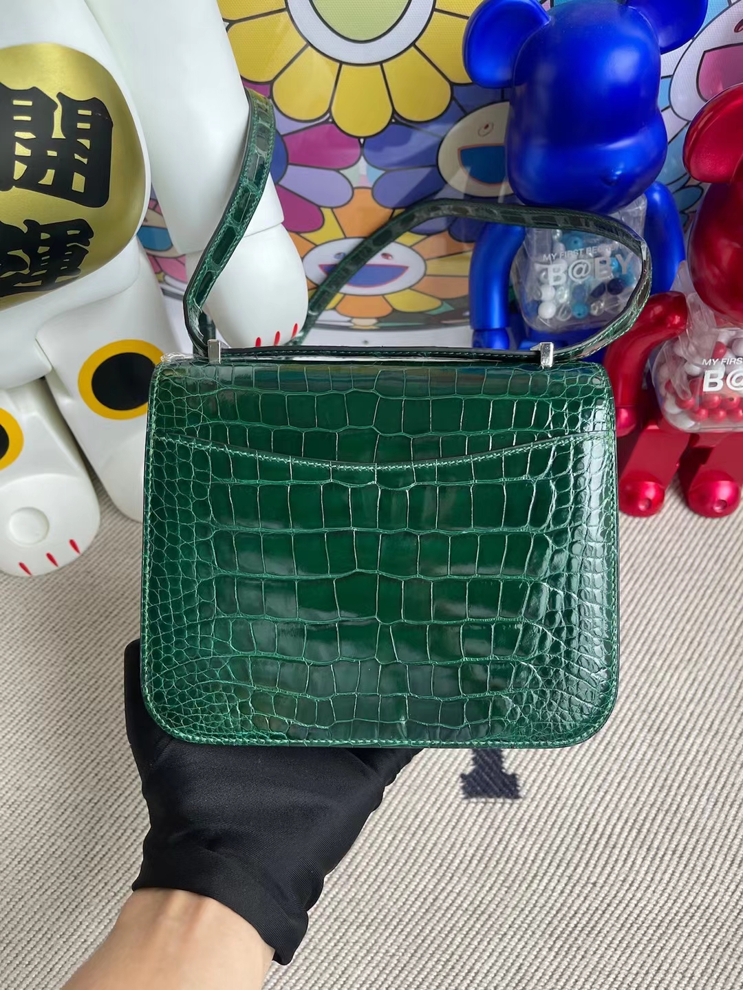 Hermès（爱马仕）Constance 空姐包 亮面美洲鳄鱼 Ck67 祖母绿 蜥蜴扣 Shiny Alligator Crocodile 19cm