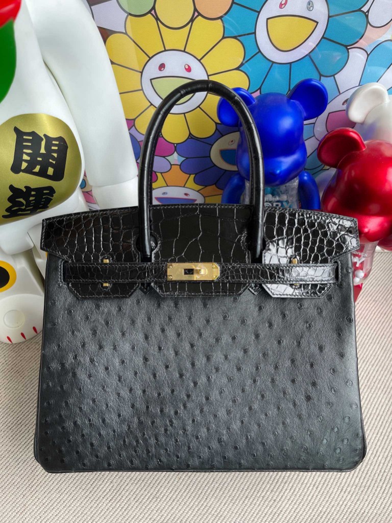 Hermès（爱马仕）Birkin Touch 系列 黑色 Ostrich kk鸵鸟 拼 亮面鳄鱼 金扣 30cm 顶级手缝 定制