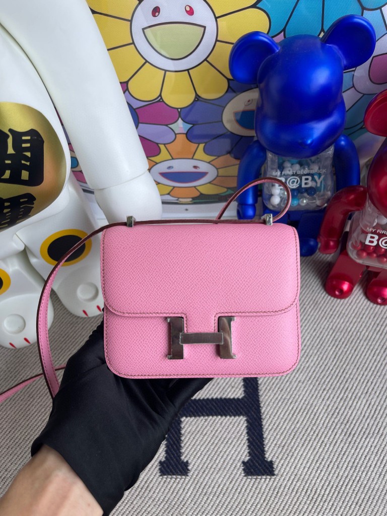 Hermès（爱马仕）Constance 康斯坦斯 Epsom 原厂掌纹皮 5P 樱花粉 银扣 14cm 顶级手缝