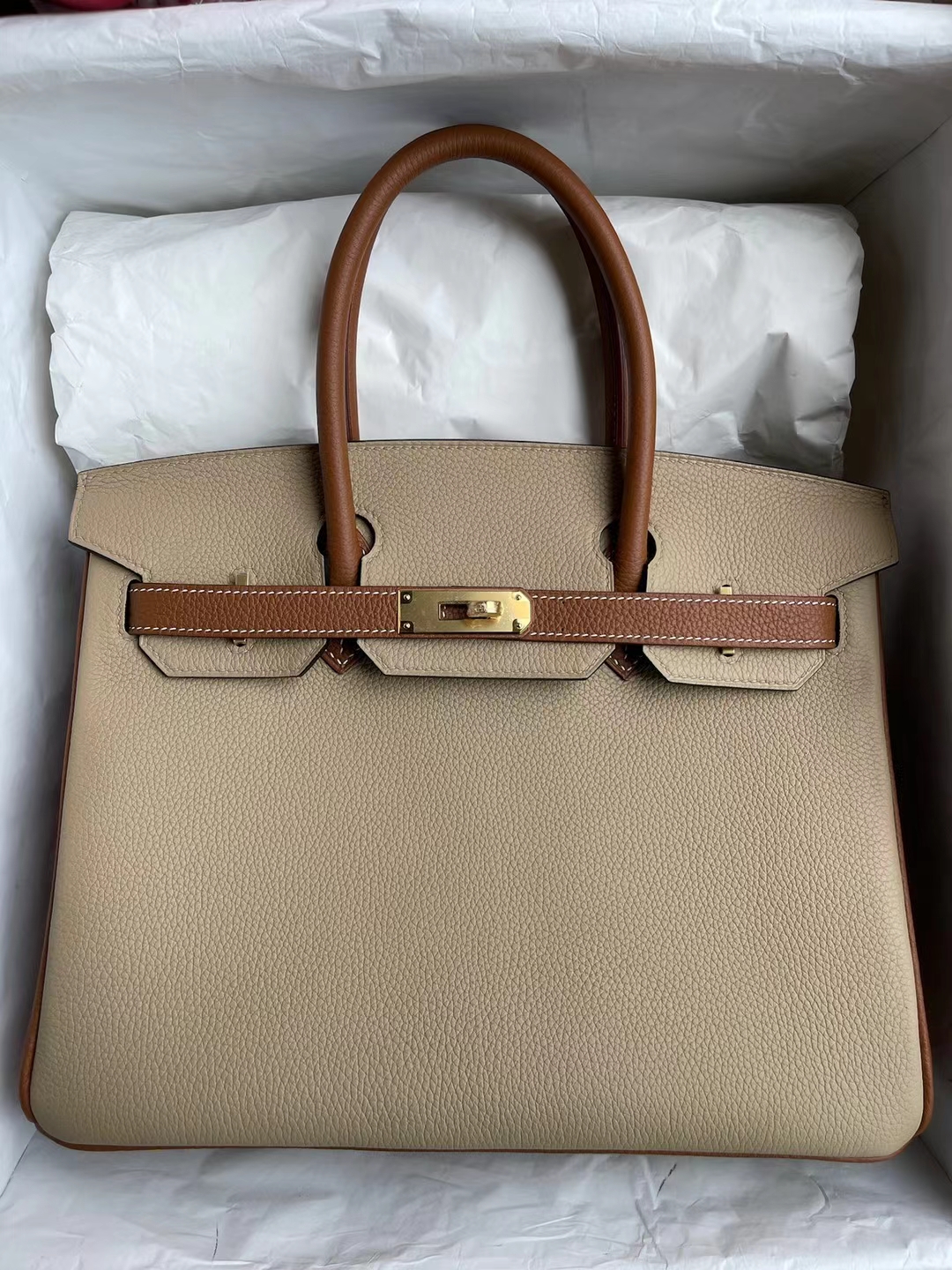 Hermès（爱马仕）Birkin 铂金包 Hss Togo S2 风衣灰 拼 Ck37 金棕色 金扣 定制 30cm