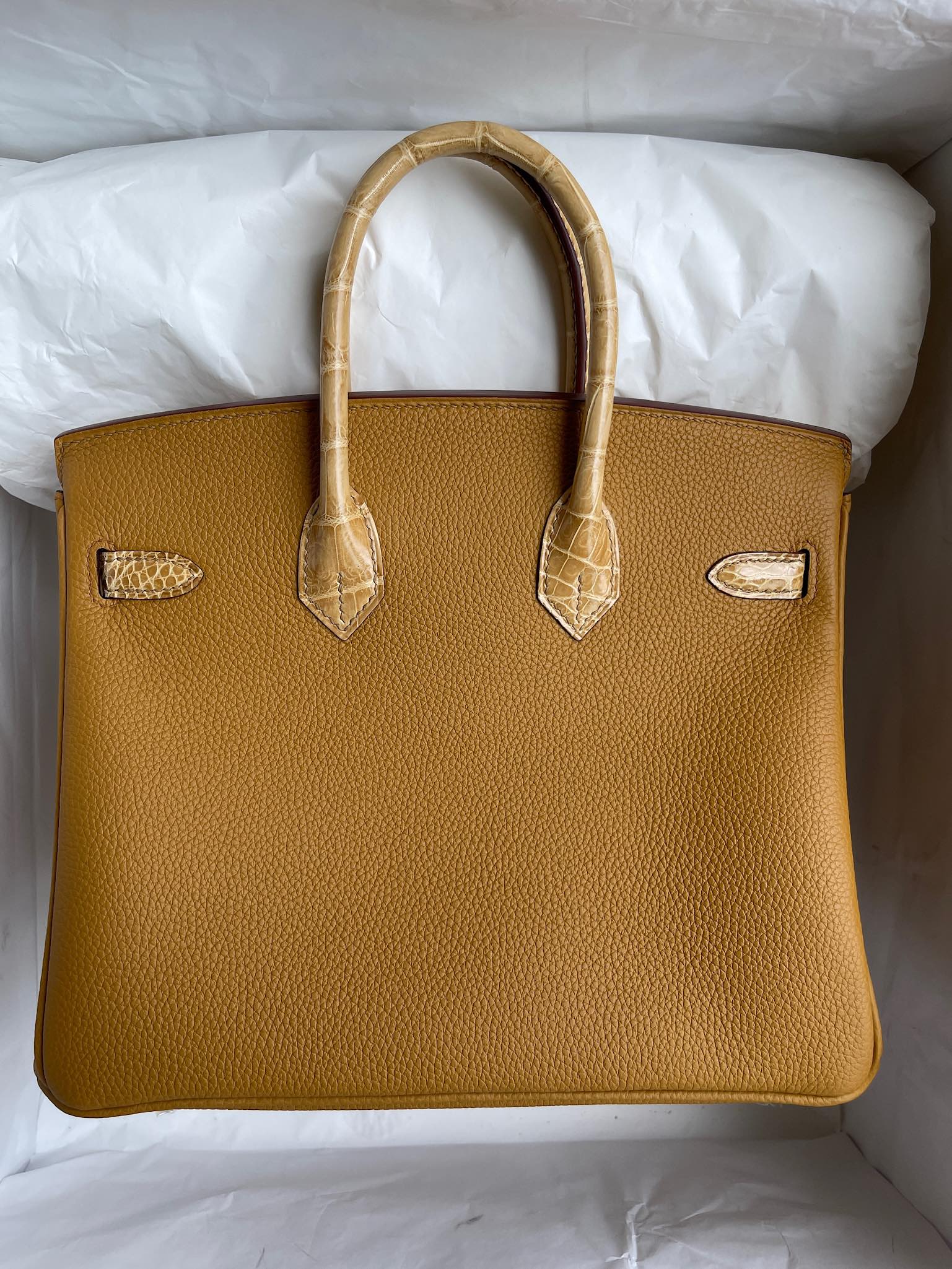 Hermès(爱马仕)Touch 系列 Birkin 铂金包 芝麻色拼杏色 亮面鳄鱼 金扣 25cm 顶级手缝-拉尔森鳄鱼皮具定制 - 爱马仕包包官网 Hermès(爱马仕)Touch 系列 Birkin 铂金包 芝麻色拼杏色 亮面鳄鱼 金扣 25cm 顶级手缝