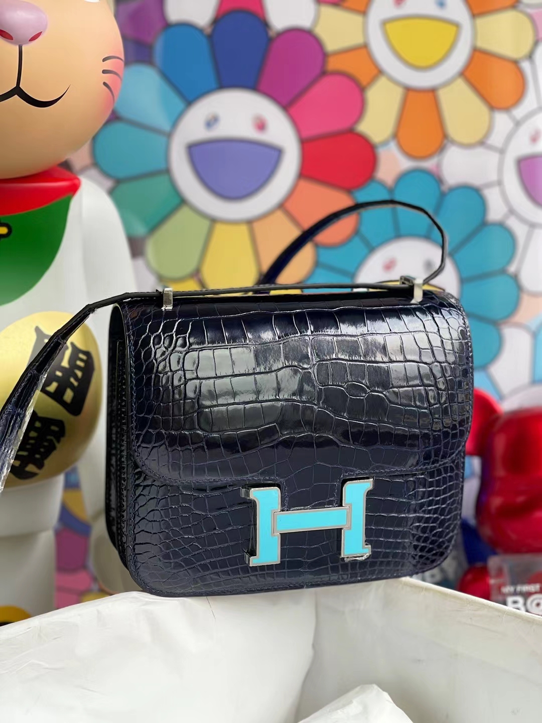 Hermès（爱马仕）Constance 康斯坦斯 亮面美洲鳄 宝石蓝 珐琅扣 19cm 顶级工艺 全手工缝制