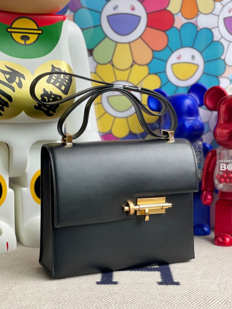 Hermès（爱马仕）Verrou 机枪包 Box calf ck89 黑色 Noir 金扣 21cm 顶级手缝 定制