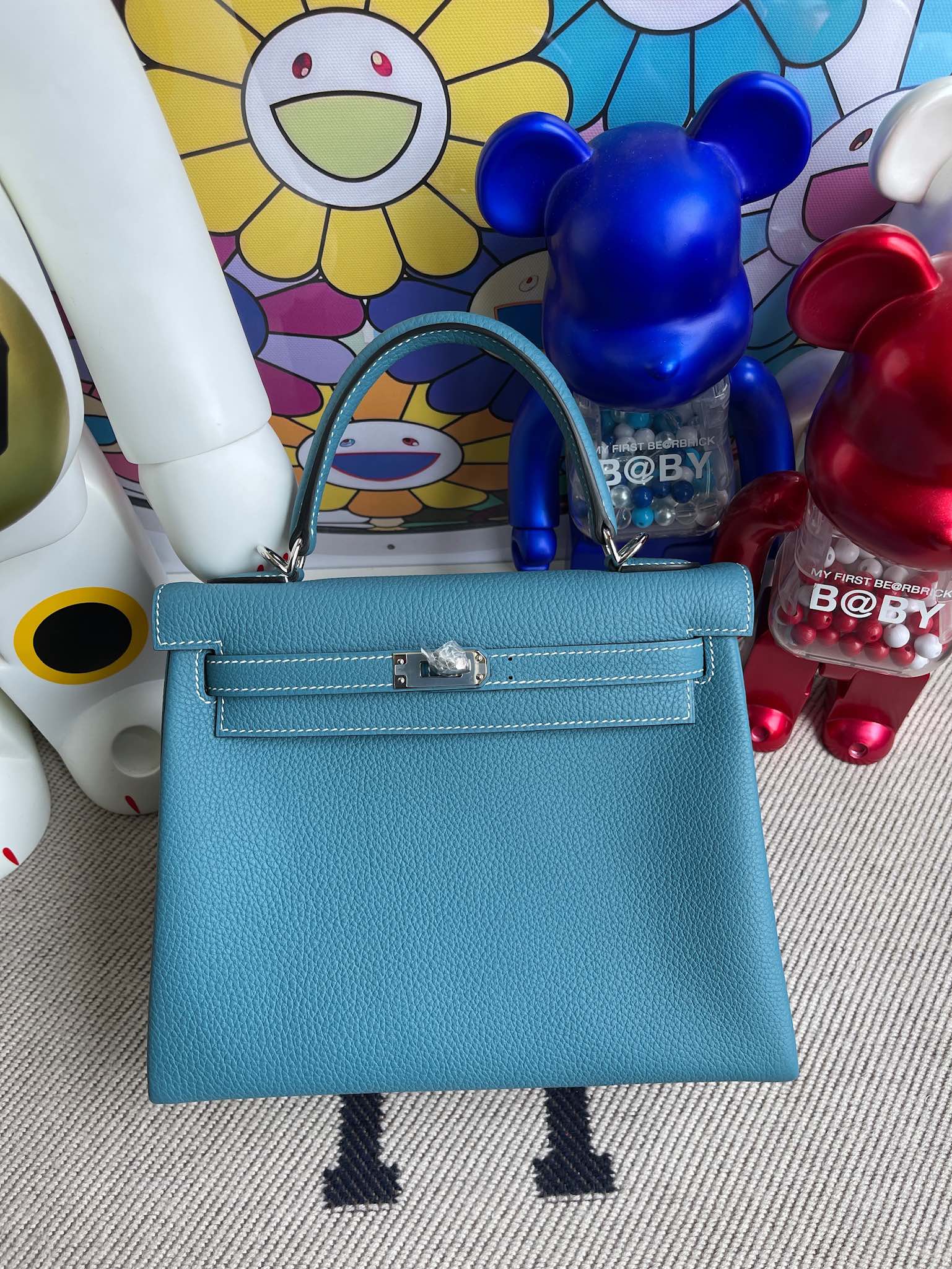 Hermès（爱马仕）Kelly 凯莉包 原厂小牛皮 togo ck75 牛仔蓝 银扣 25cm 顶级手缝
