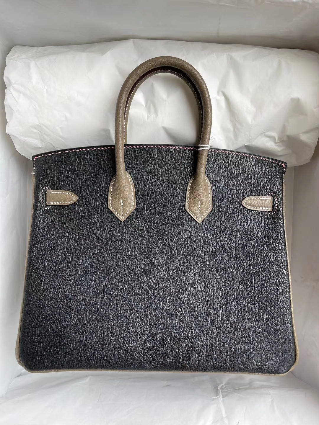 Hermès（爱马仕）Birkin 铂金包 Hss Chevre Ck89 黑色 拼 Ck18 大象灰 内拼 1Q 奶昔粉 磨砂金扣 25cm