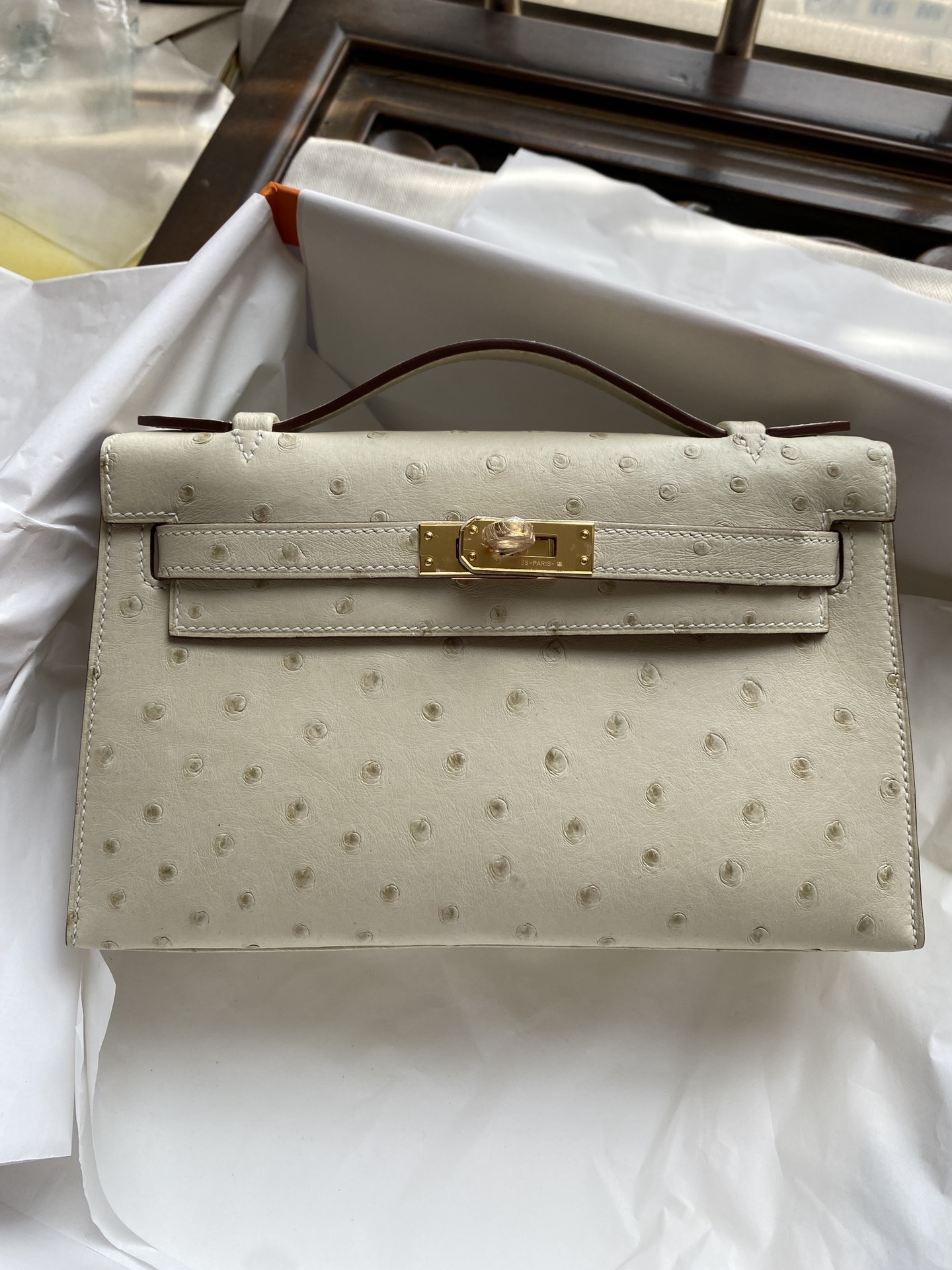 Hermès（爱马仕）Mini kelly pochette Ostrich kk鸵鸟 8U 冰川灰 银扣 22cm 晚宴包