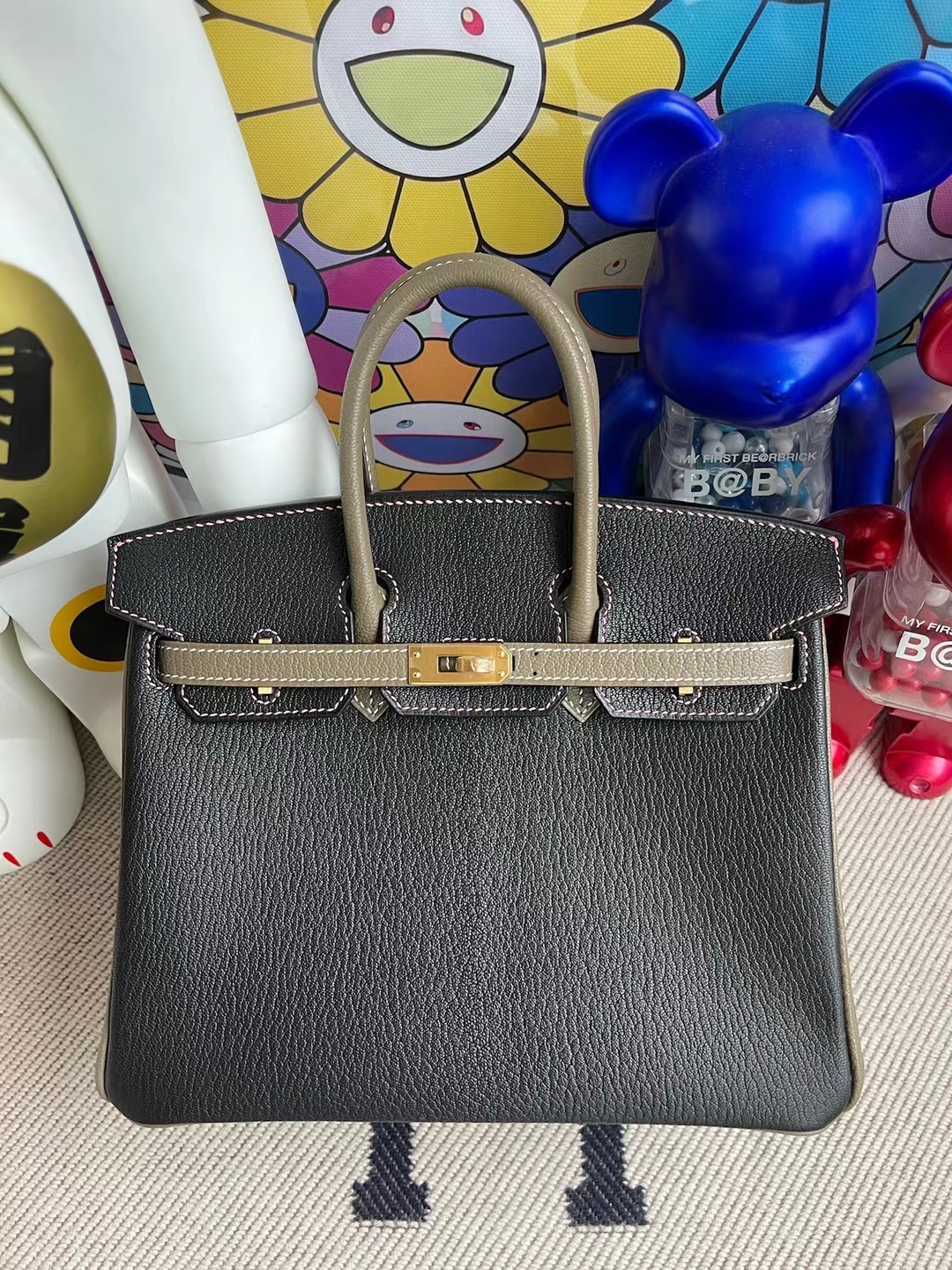 Hermès（爱马仕）Birkin 铂金包 Hss Chevre Ck89 黑色 拼 Ck18 大象灰 内拼 1Q 奶昔粉 磨砂金扣 25cm