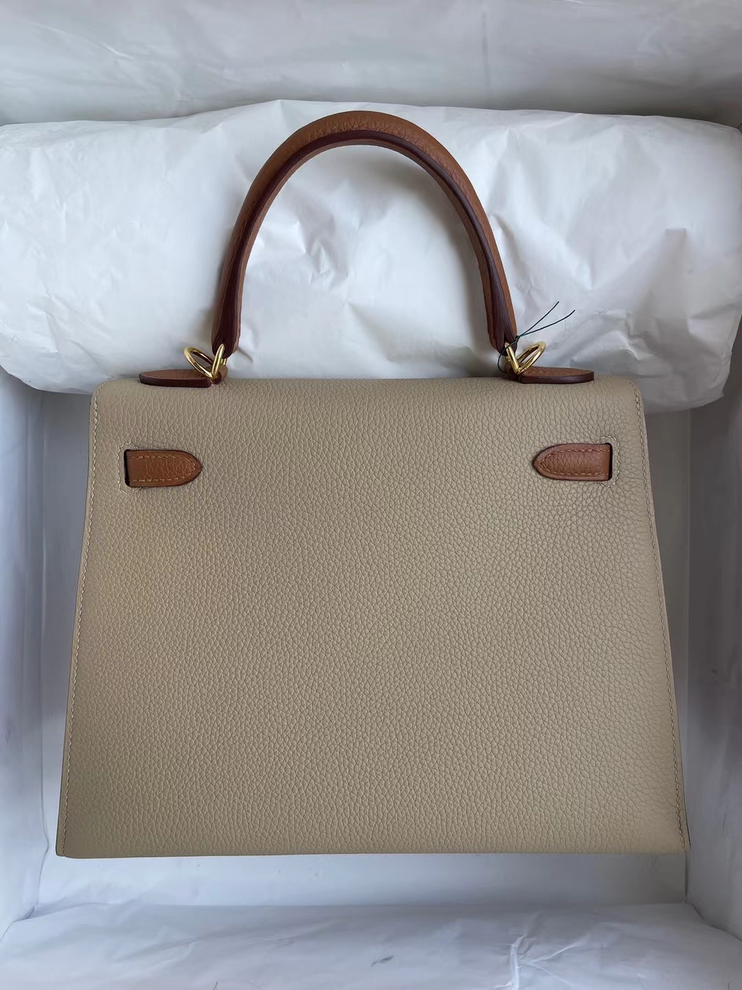 Hermès（爱马仕）Kelly 凯莉包 S2 风衣灰 拼 Ck37 金棕色 Togo 外缝 金扣 25cm