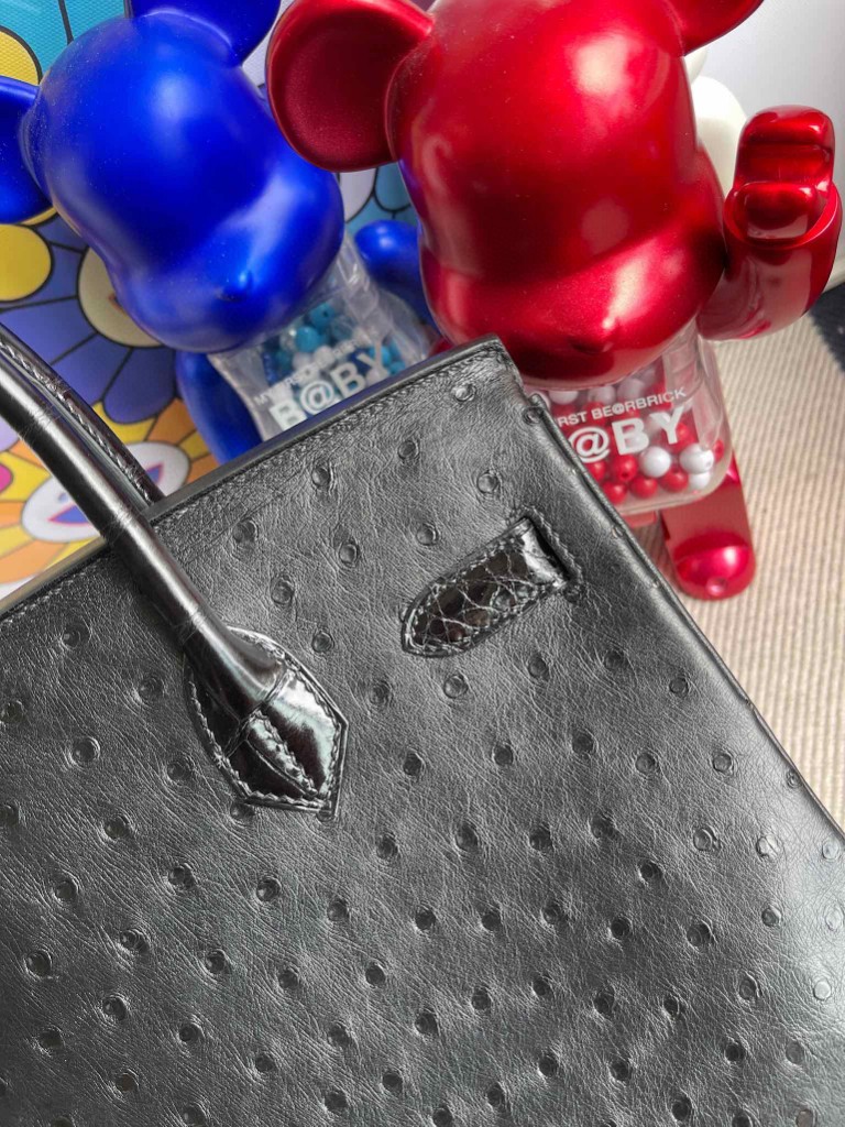 Hermès（爱马仕）Birkin Touch 系列 黑色 Ostrich kk鸵鸟 拼 亮面鳄鱼 金扣 30cm 顶级手缝 定制