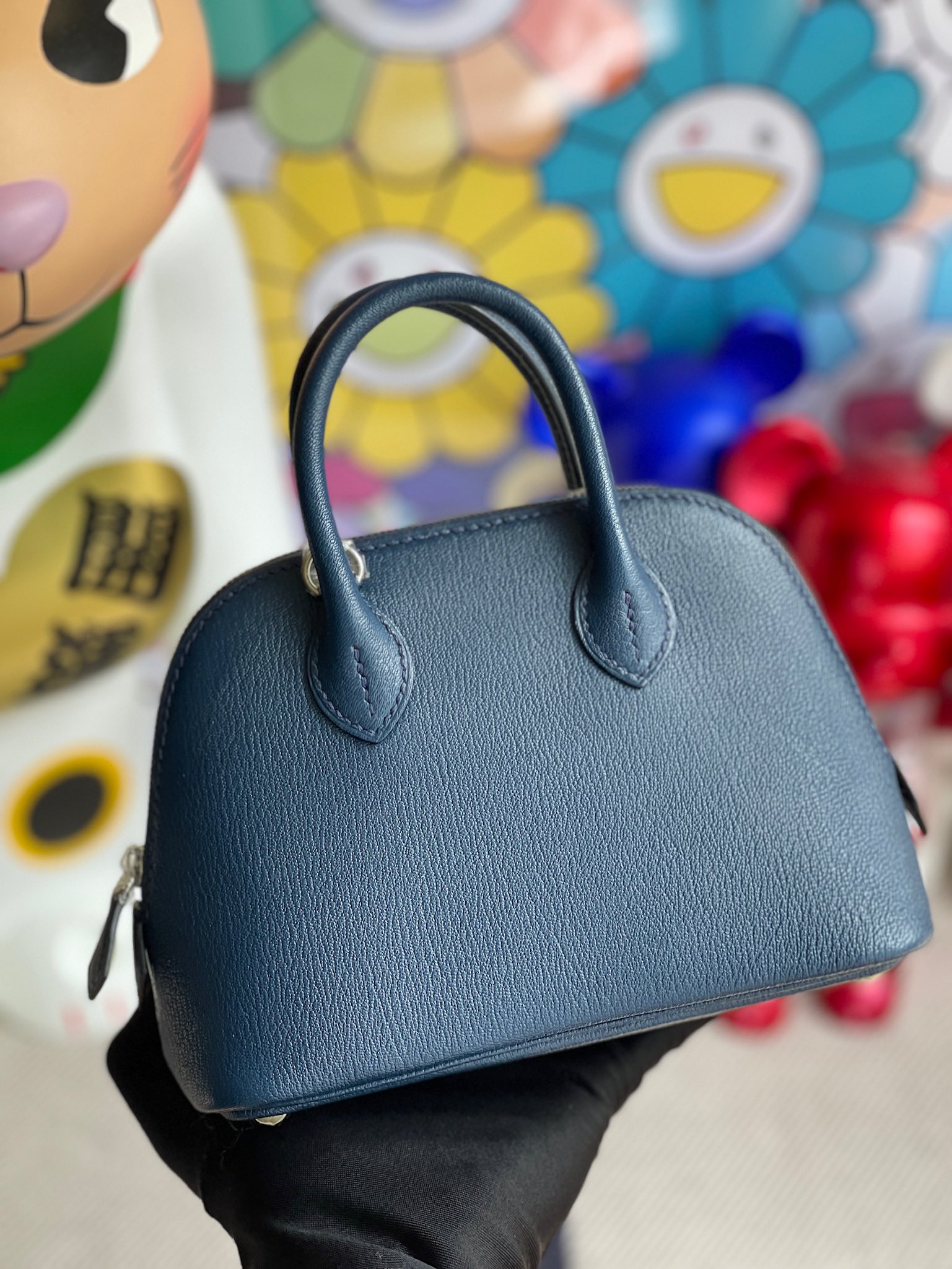 Hermès（爱马仕）Mini bolide Chevre 山羊皮 深蓝色 银扣 顶级手缝 定制