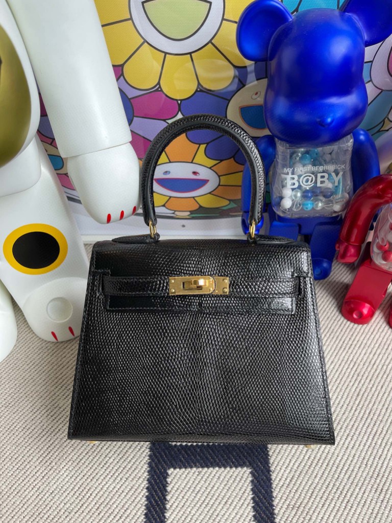 Hermès（爱马仕）Kelly 20cm 大耳朵 Lizard 进口亮面蜥蜴 ck89 黑色 Noir 金扣 顶级手缝