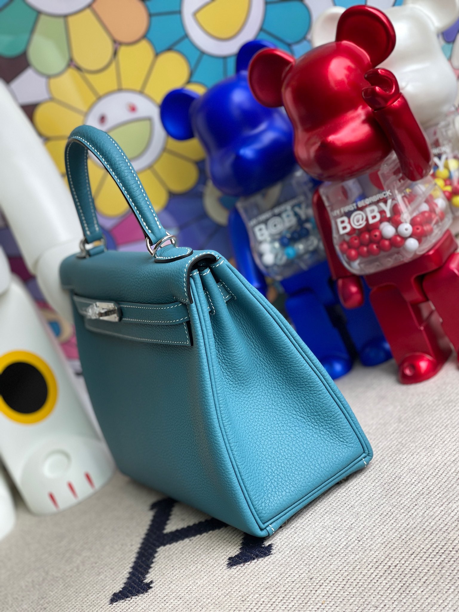 Hermès（爱马仕）Kelly 凯莉包 原厂小牛皮 togo ck75 牛仔蓝 银扣 25cm 顶级手缝