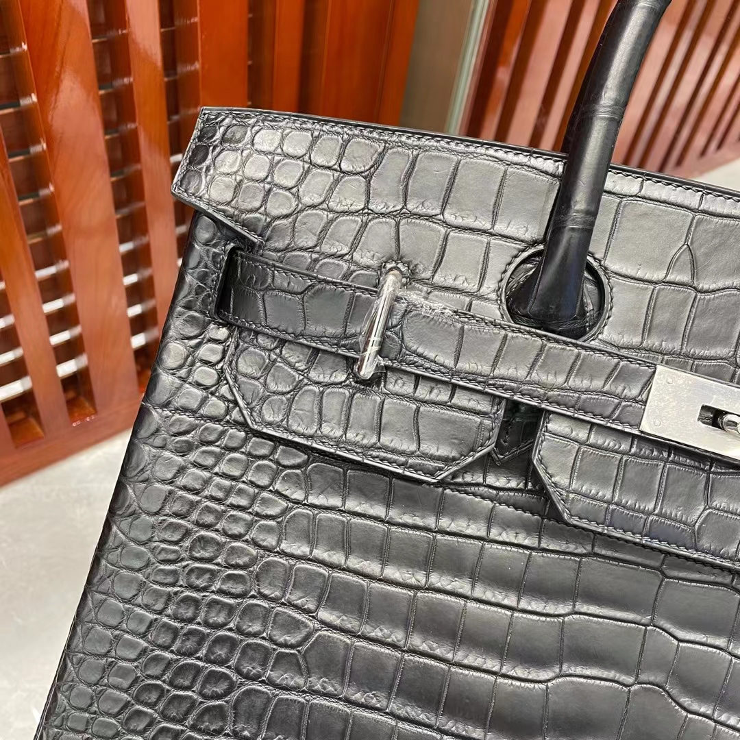 Hermès（爱马仕）Hac 40cm 雾面湾鳄鳄鱼 Ck89 黑色 银扣 顶级工艺 全手工缝制 Matte Porosus Crocodile