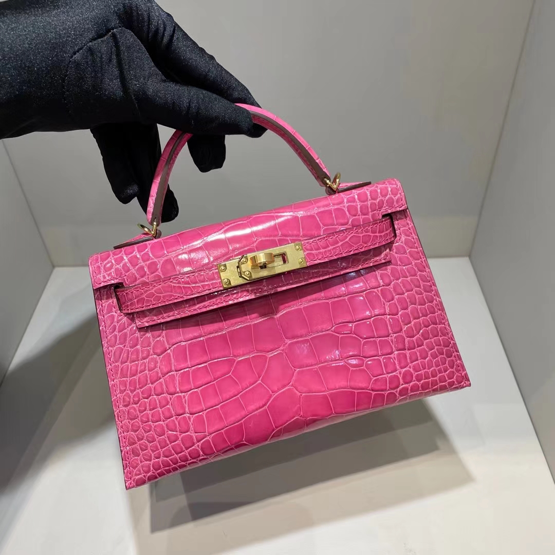 Hermès（爱马仕）Kelly Mini Ⅱ 迷你凯莉 亮面美洲鳄鱼 桃粉色 金扣 19cm Shiny Alligator Crocodile