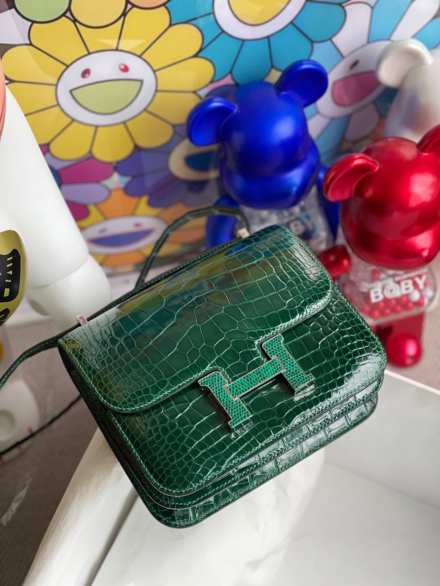 Hermès（爱马仕）Constance 空姐包 Alligator shiny 亮面鳄鱼 祖母绿拼蜥蜴扣 18cm 顶级手缝 定制