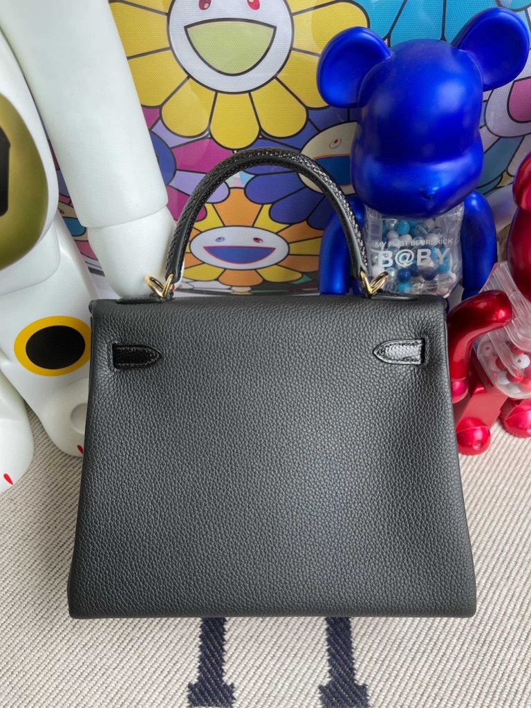 Hermès（爱马仕）Kelly 凯莉包 黑色 原厂小牛 拼 进口亮面蜥蜴 lizard 金扣 25cm 顶级手缝 定制