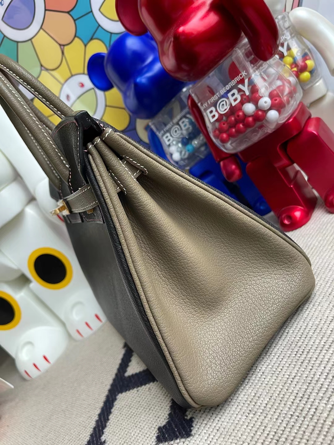 Hermès（爱马仕）Birkin 铂金包 Hss Chevre Ck89 黑色 拼 Ck18 大象灰 内拼 1Q 奶昔粉 磨砂金扣 25cm