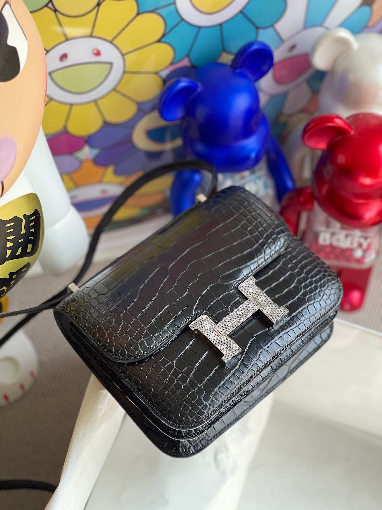 Hermès（爱马仕）Constance 空姐包 Alligator matt 雾面鳄鱼 89 黑色 拼蜥蜴扣 18cm 顶级手缝 定制