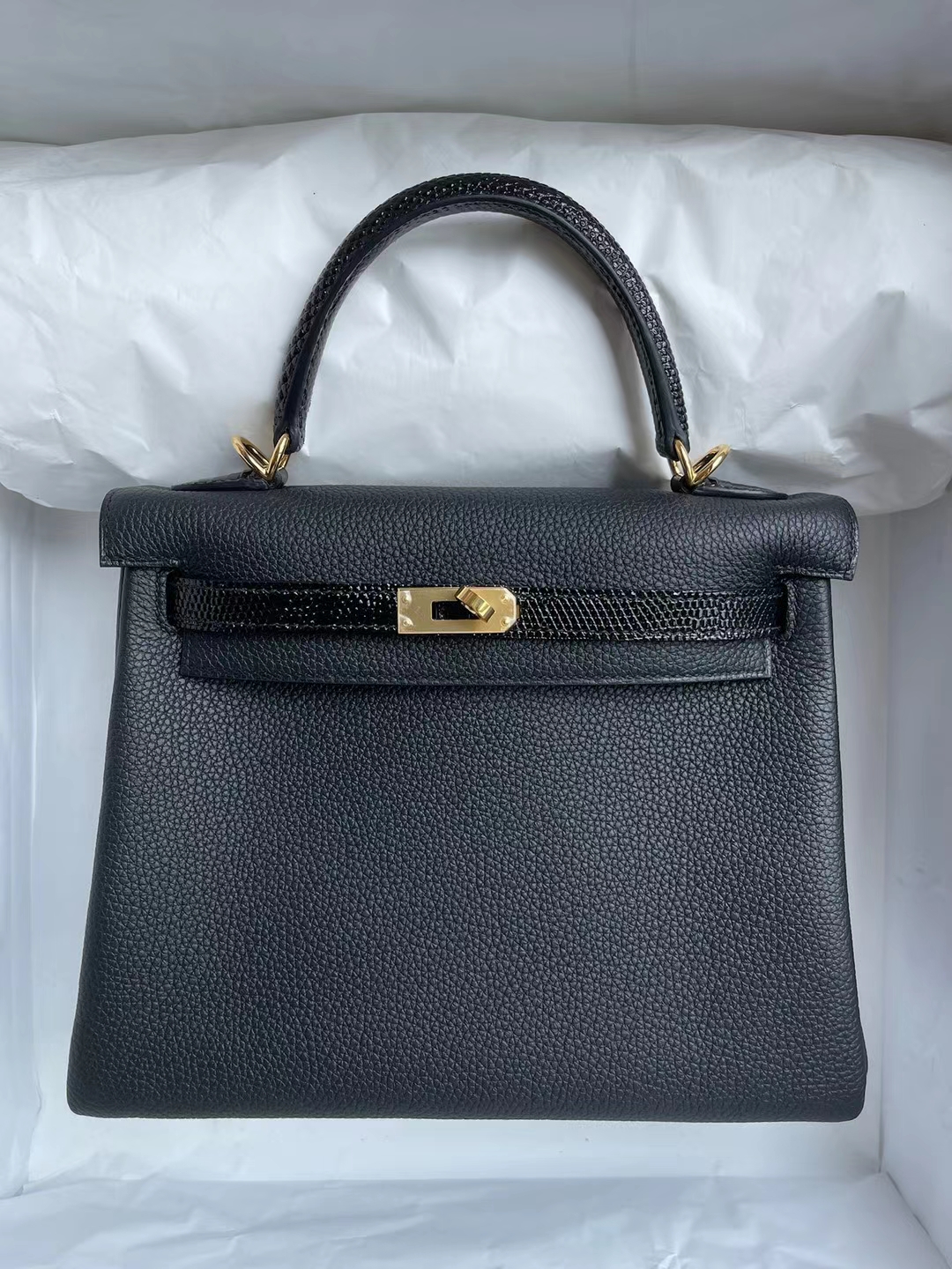 Hermès（爱马仕）Kelly Touch Togo 拼 蜥蜴皮 黑色 金扣 25cm