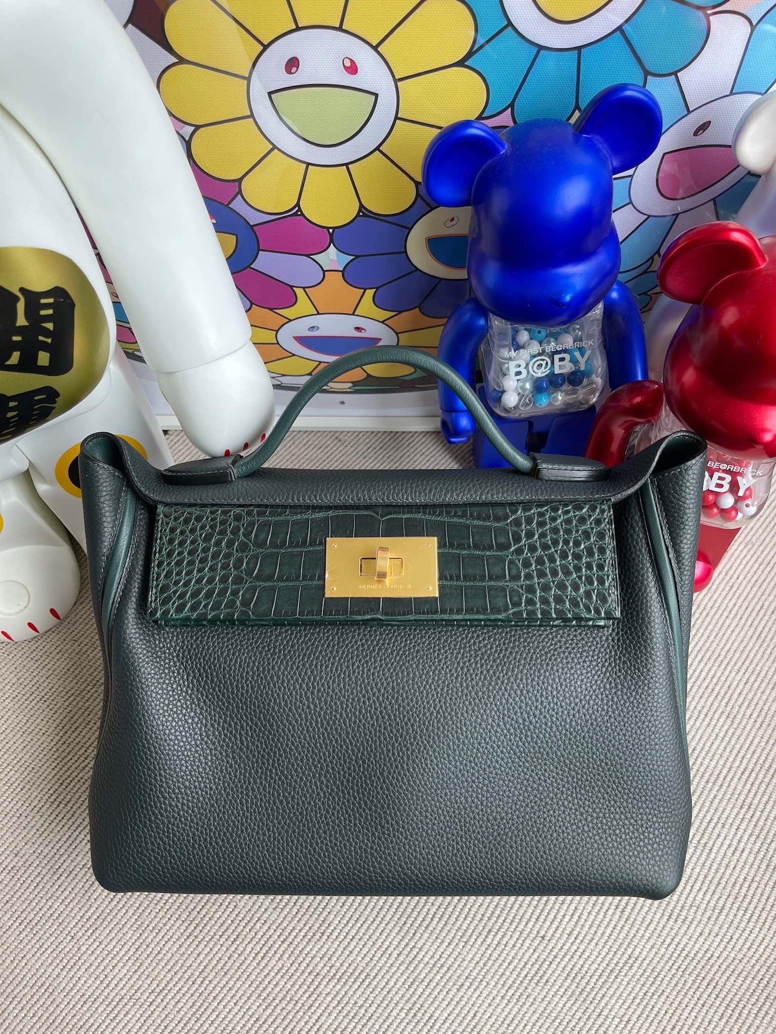 Hermès（爱马仕）Touch 系列 2424 原版小牛皮 拼 鳄鱼皮 柏树绿 金扣 29cm 顶级手缝