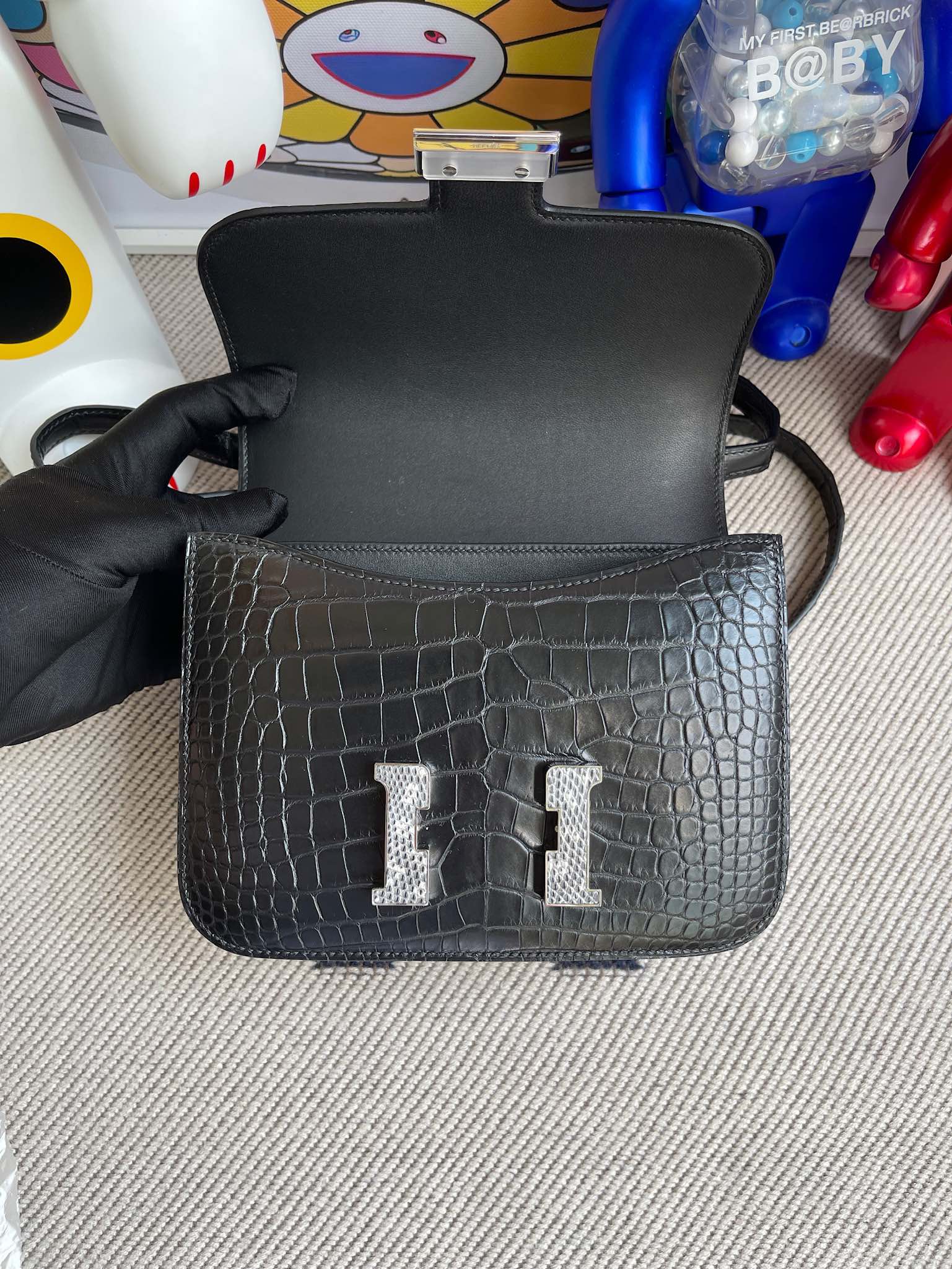 Hermès（爱马仕）Constance 空姐包 Alligator matt 雾面鳄鱼 89 黑色 拼蜥蜴扣 18cm 顶级手缝 定制
