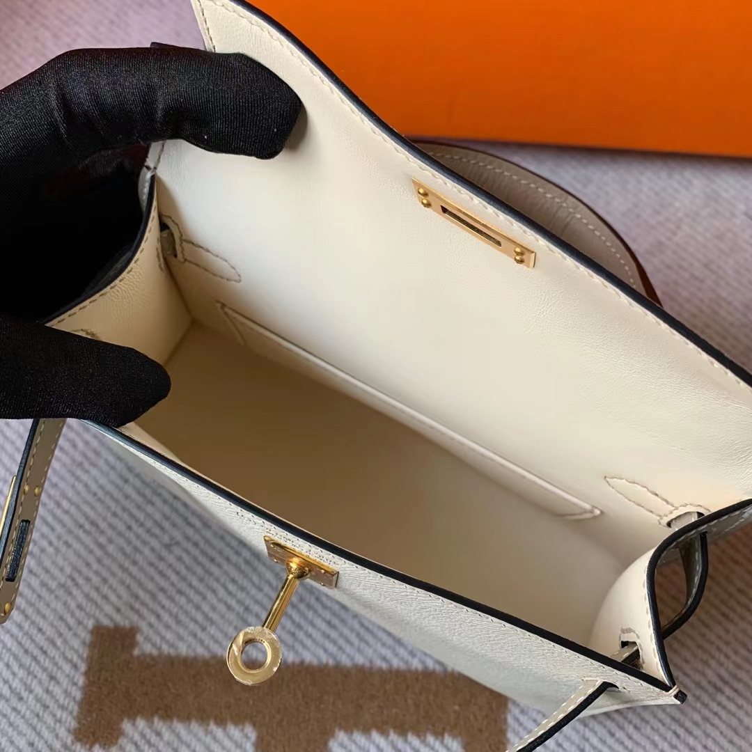Hermès（爱马仕）Kelly Mini Ⅱ 迷你凯莉 Hss Epsom Ck10 奶昔白 拼 S2 风衣灰 金扣 19cm
