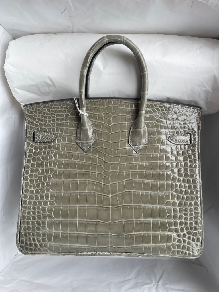 Hermès（爱马仕）Birkin 铂金包 Porosus shiny 亮面鳄鱼 ck81 斑鸠灰 Gris T 银扣 25cm 拱珠皮 顶级手缝