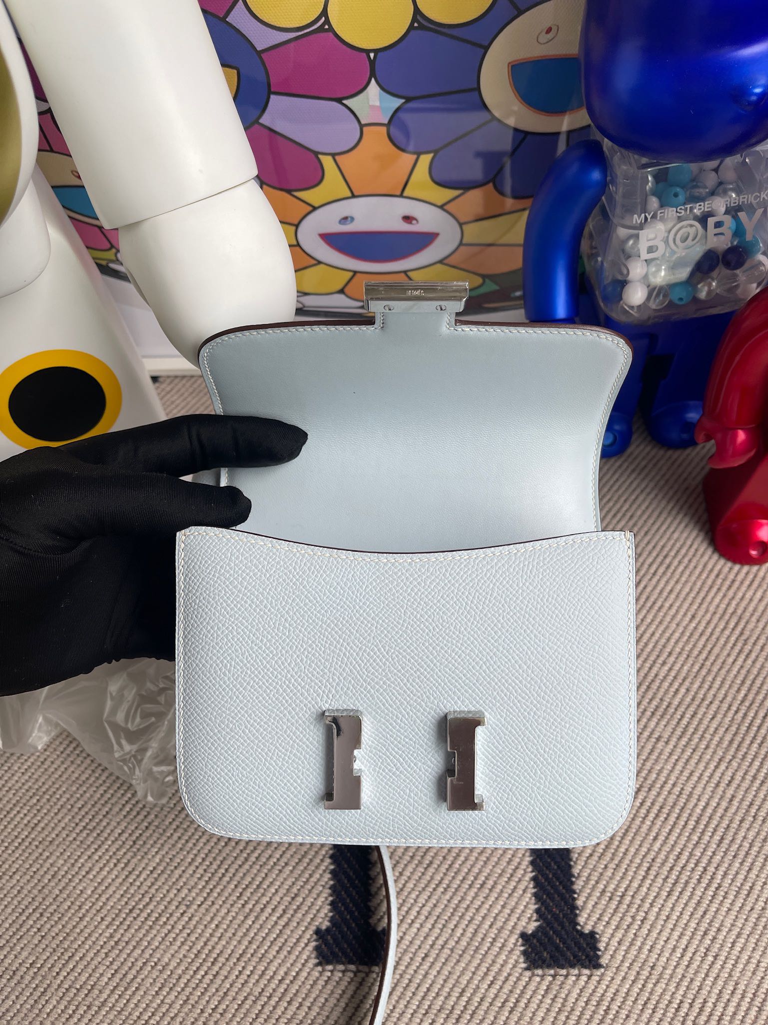 Hermès（爱马仕）Constance 空姐包 Epsom 原厂掌纹皮 T0 雾蓝色 银扣 14cm 顶级手缝 定制