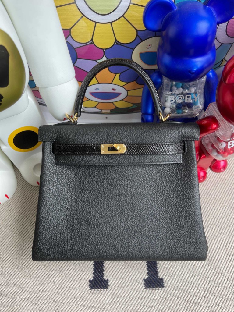 Hermès（爱马仕）Kelly 凯莉包 黑色 原厂小牛 拼 进口亮面蜥蜴 lizard 金扣 25cm 顶级手缝 定制