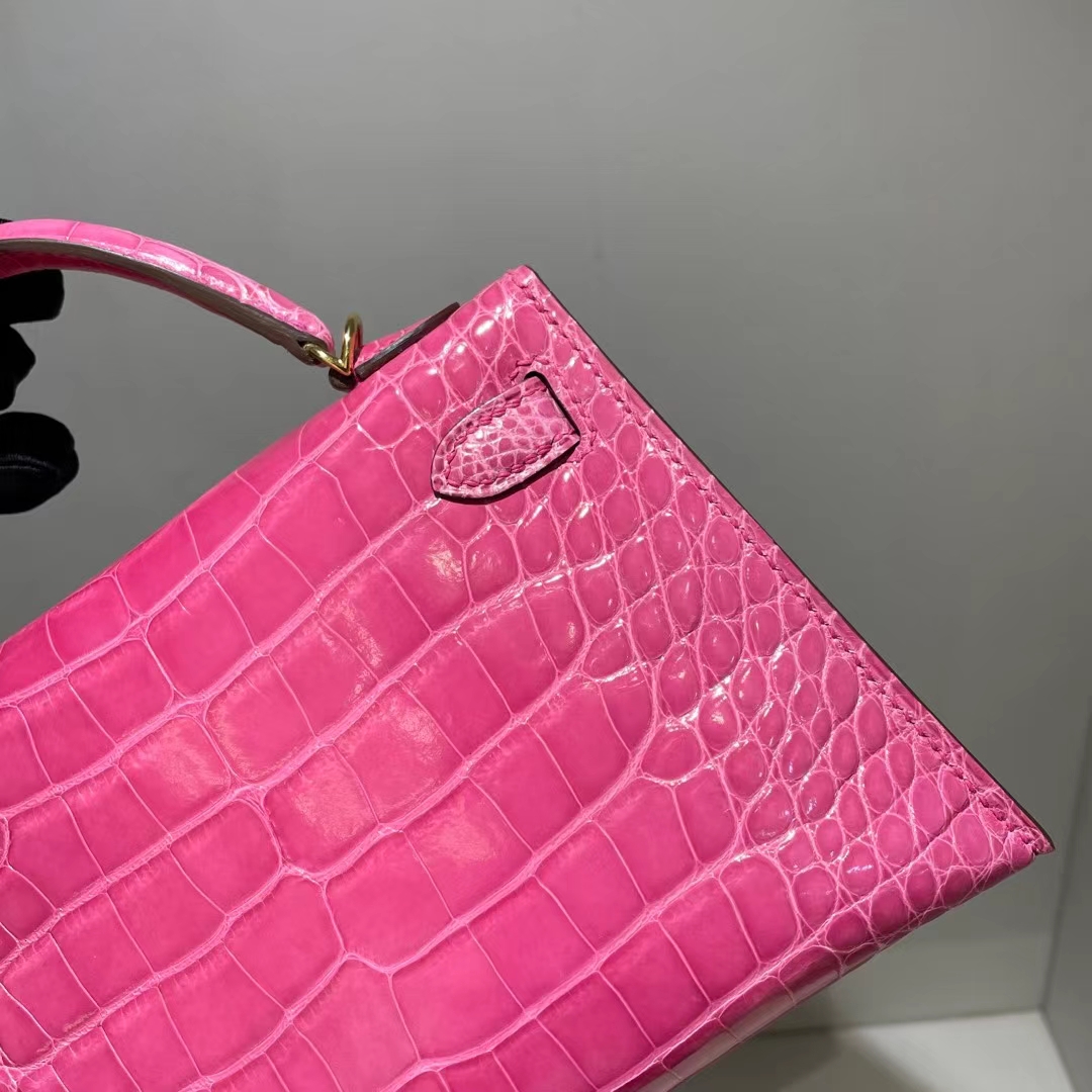 Hermès（爱马仕）Kelly Mini Ⅱ 迷你凯莉 亮面美洲鳄鱼 桃粉色 金扣 19cm Shiny Alligator Crocodile