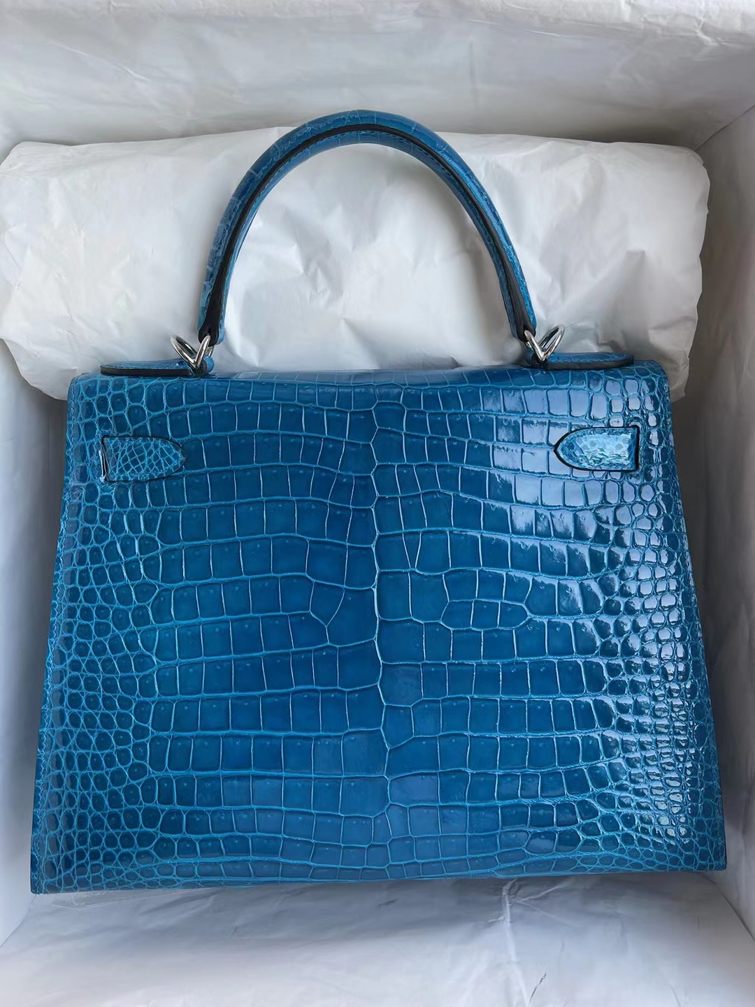 Hermès（爱马仕）Kelly 凯莉包 亮面倒v澳洲湾鳄 shiny alligator crocodile 7w 伊兹密尔蓝 银扣 28cm