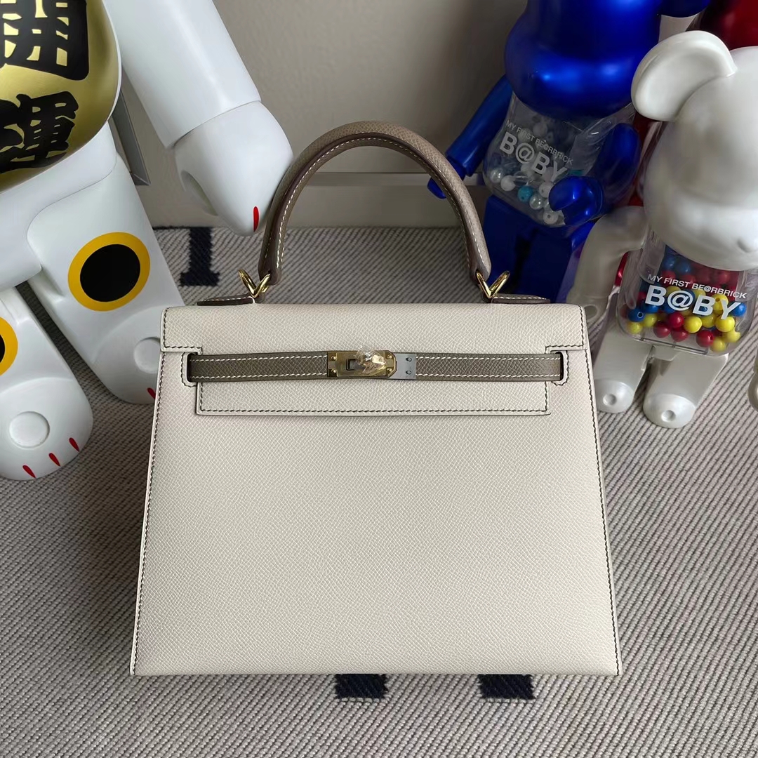 Hermès（爱马仕）Kelly 凯莉包 Epsom Ck10 奶昔白 拼 ck18 大象灰 金扣 25cm