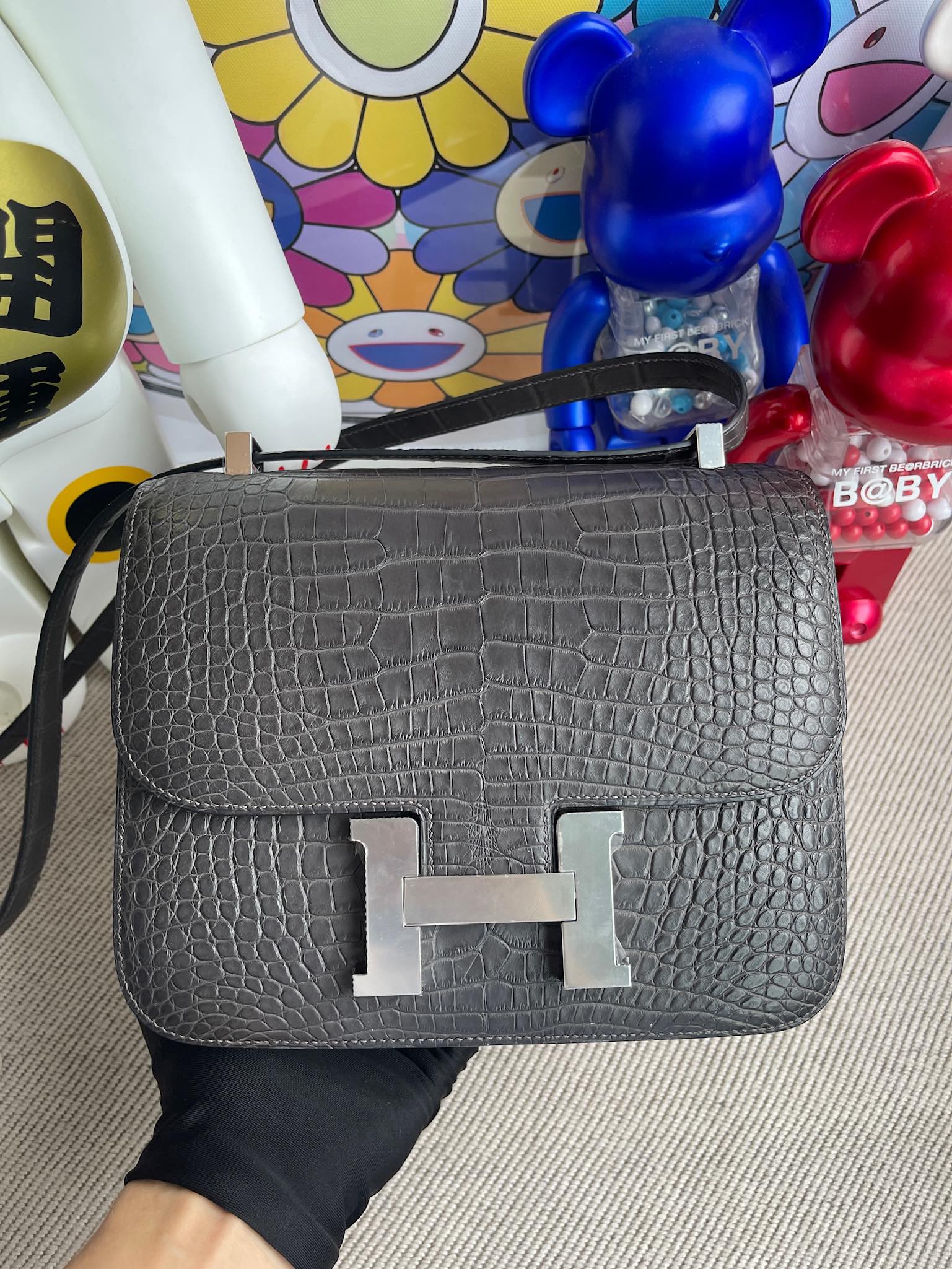 Hermès（爱马仕）Constance 空姐包 Alligator matt 雾面鳄鱼 ck88 石墨灰 graphite 银扣 18cm 定制